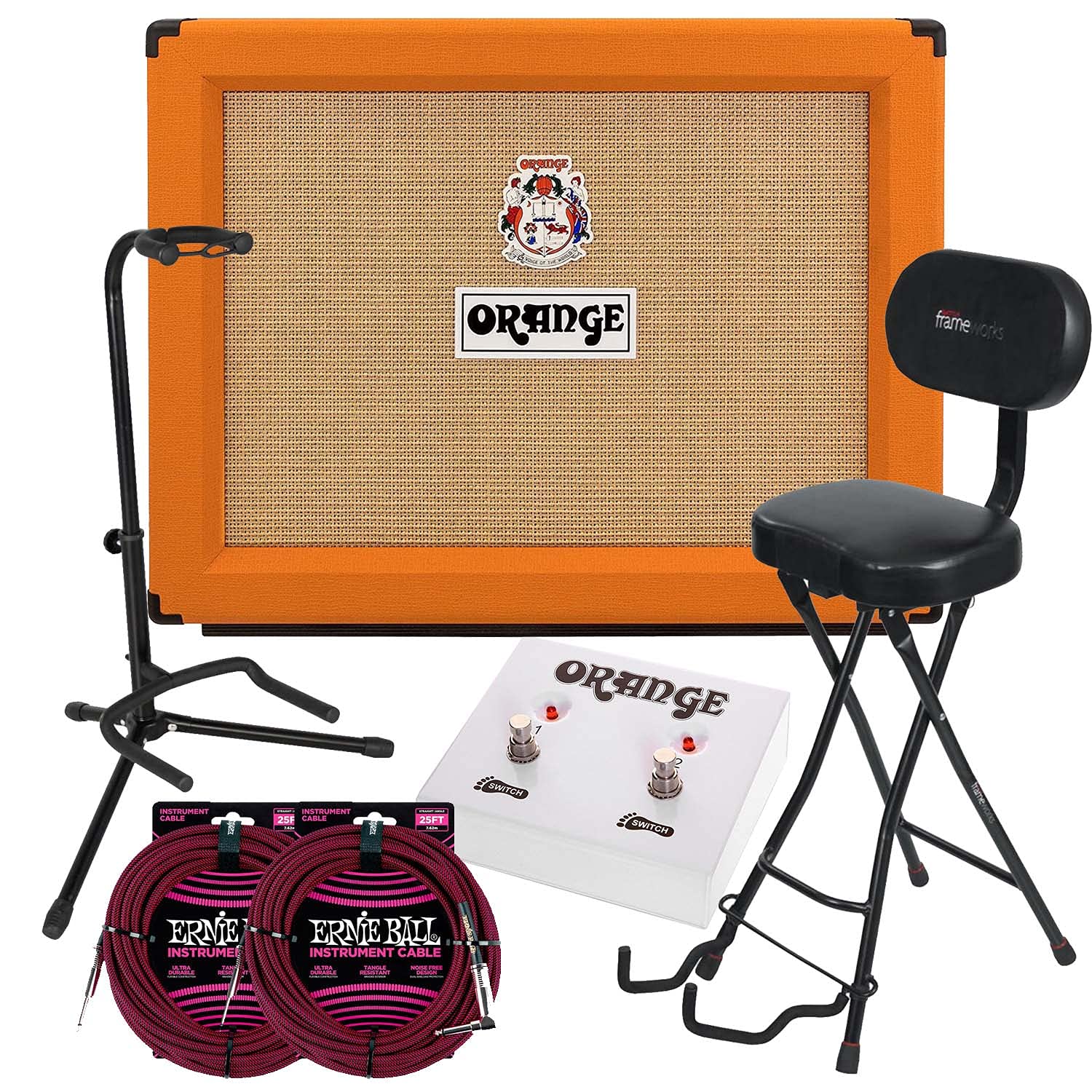 Orange Rockerverb 50 MKIII 2×12? 50-watt Tube Amp, Orange FS-2, Gator GFW-GTR-1000 Stand, Gator GFW-GTR-SEAT, (2) EBall PO6062 Bundle
