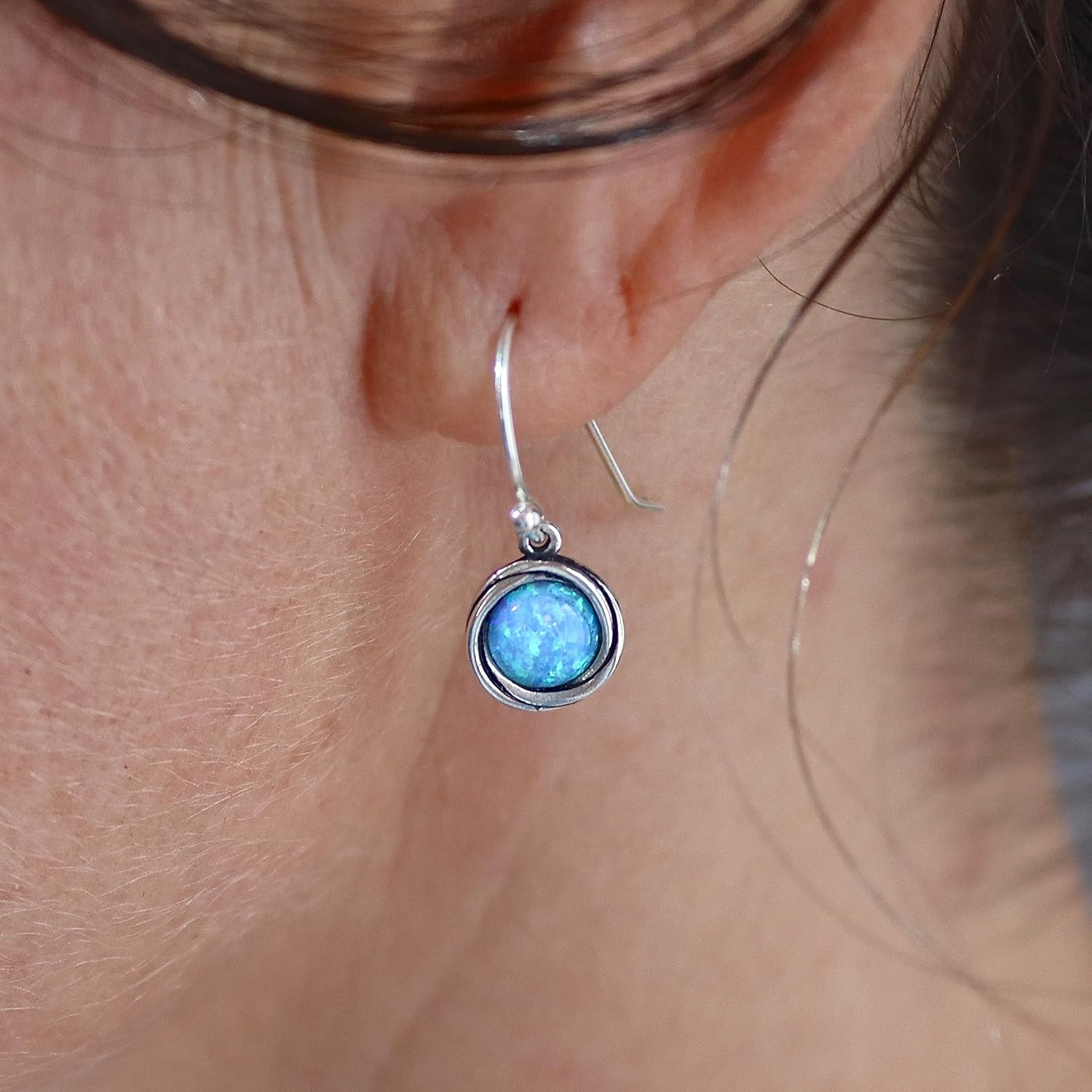 Opal Earrings for women, Sterling Silver Dangle Earrings, Small round Blue Opal silver dangle October birthstone simple everyday vintage - Image 5