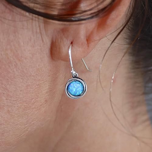 Miniatura 5 de Opal Earrings, Sterling Silver Dangle Earrings for women, Small round Blue Opal silver dangle earring, October Birthstone, Simple Opal earrings,