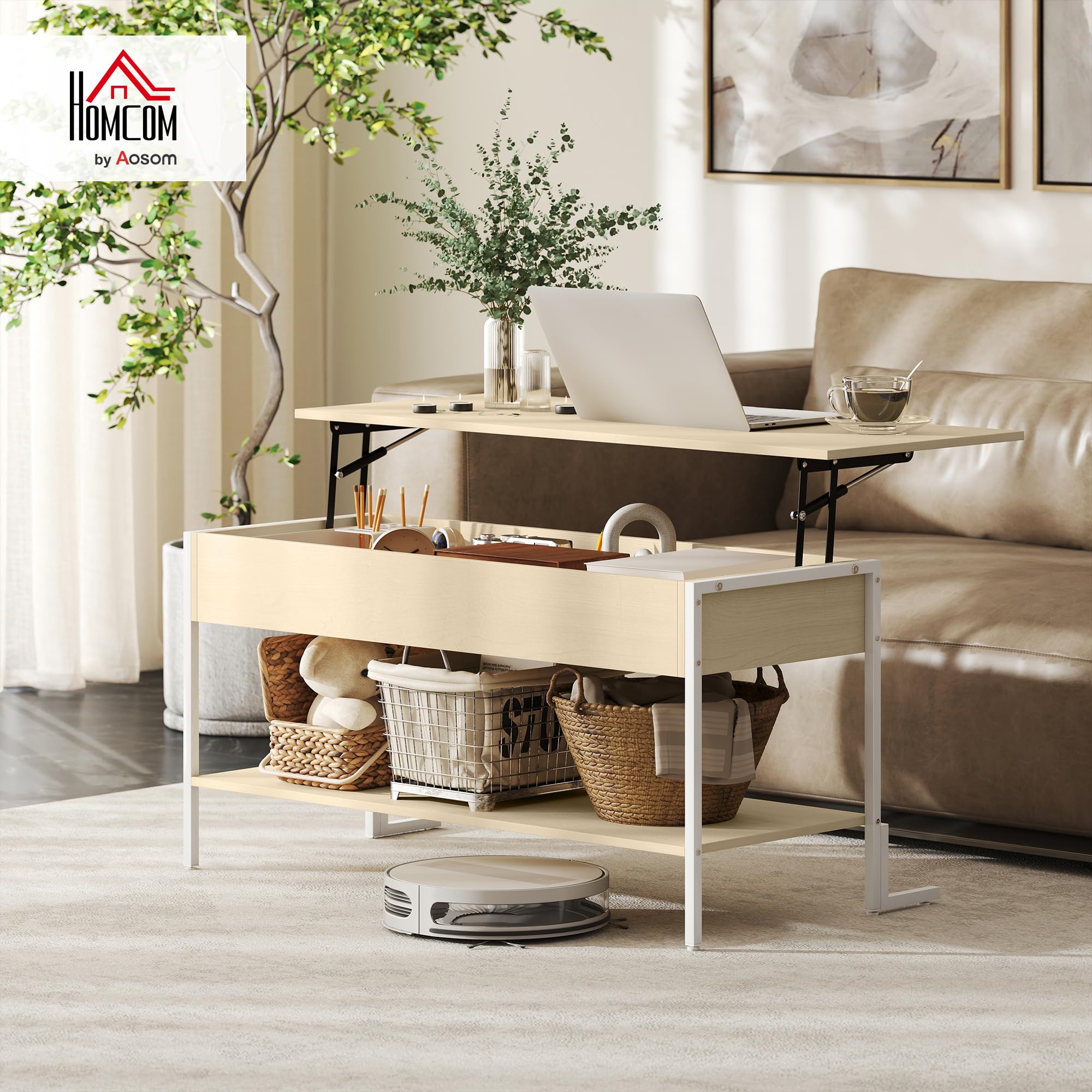 HOMCOM Mesa de Centro Elevable Cierre Suave 95x40x59 cm Natural y Blanco | Mesa de Café, Espacio Oculto de Almacenaje, Estante Abierto