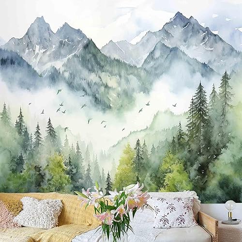 Miniatura 9 de Atrippy Tapiz de bosque brumoso para dormitorio, tapiz de pared de paisaje neblinoso con niebla natural, arte de pared de árboles verdes, decoración