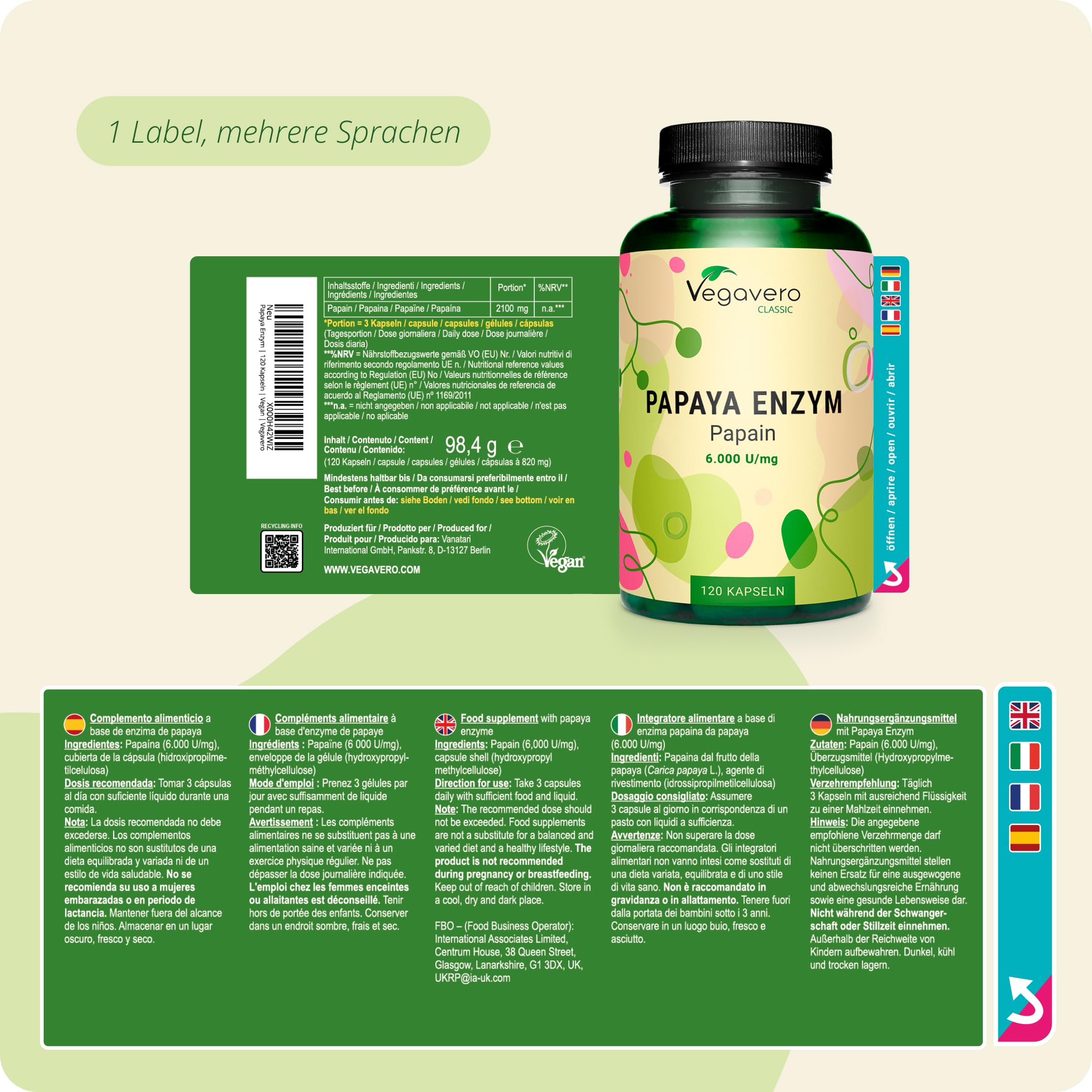 Papaya Enzym Vegavero | Geruchlos | Hochdosiert: 2.100 mg reines Papain pro Tagesdosis | Hohe Enzymaktivität: 4.2 Mio U | Natürlich aus der Frucht| 120 Kapseln | Vegan & Ohne Zusätze