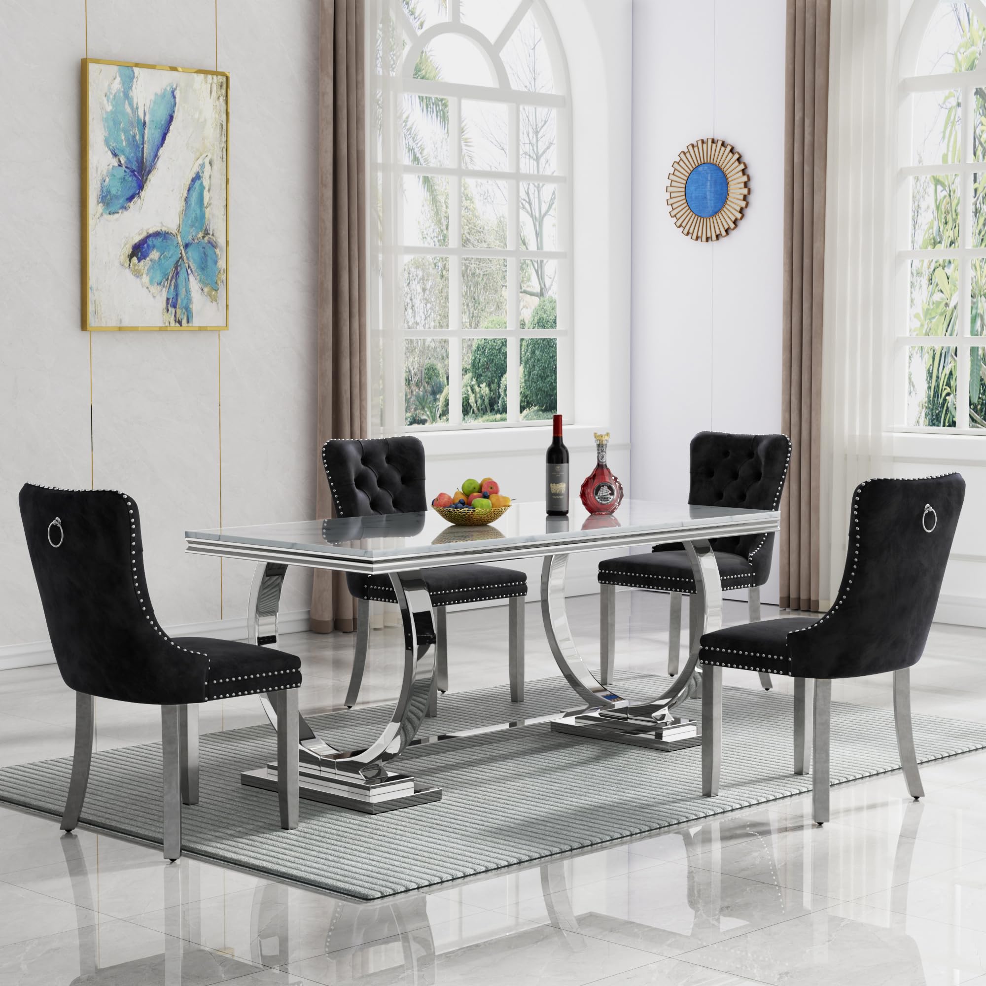 5 Piece Marble Dining Table Set for 4, Luxury 68" White Marble Silver Kitchen Table with 4 Black Velvet Upholstered Chairs, Modern 4 Person Dining Room Table Set for Kicken Dining Office Room