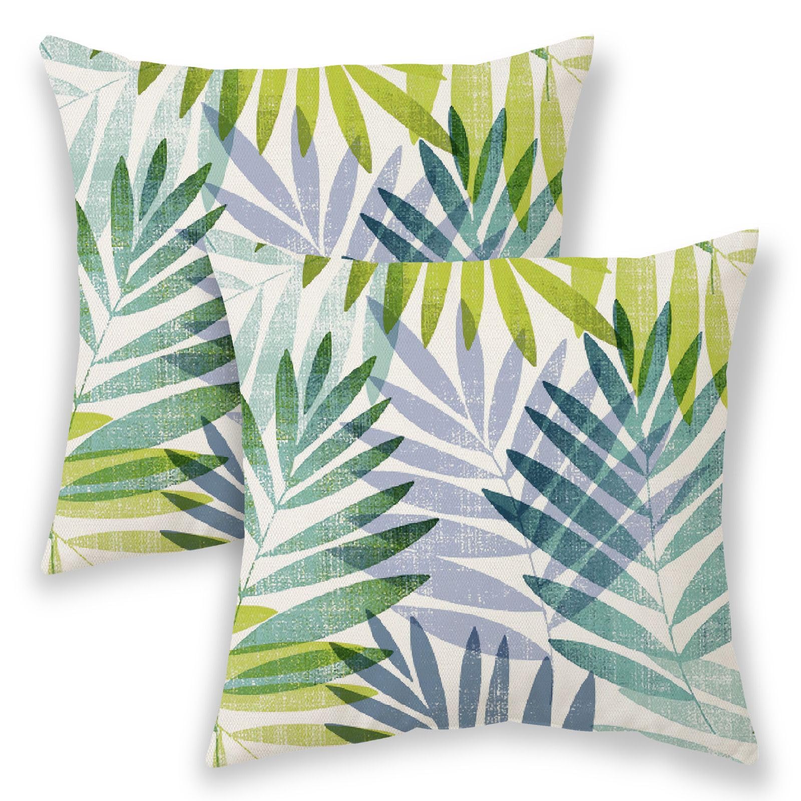 Summer Outdoor Pillow Covers 20x20 Inch 2 Pcs, Tropical Blue Green Palm Leaves Decorative Throw Pillows,Leaf Farmhouse Decor Pillowcase Linen Cushion