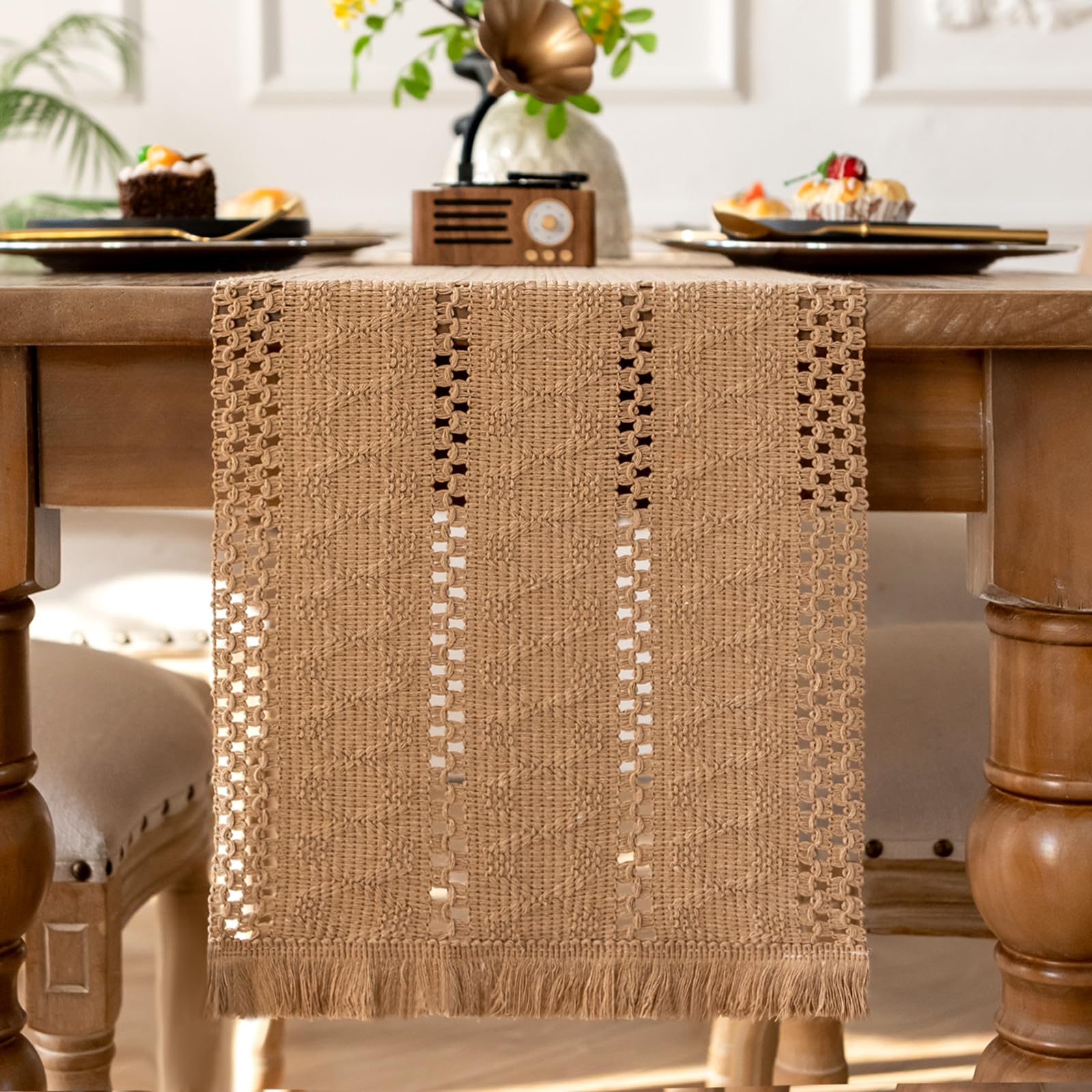 Tischläufer Braun Boho Deko mit Makramee Quasten Baumwolle Landhausstil Leinen Jute Tischläufer Vintage Tischdecke für Hochzeit Küche Esstisch Rustikale Hochzeit Küche Deko 30x183cm