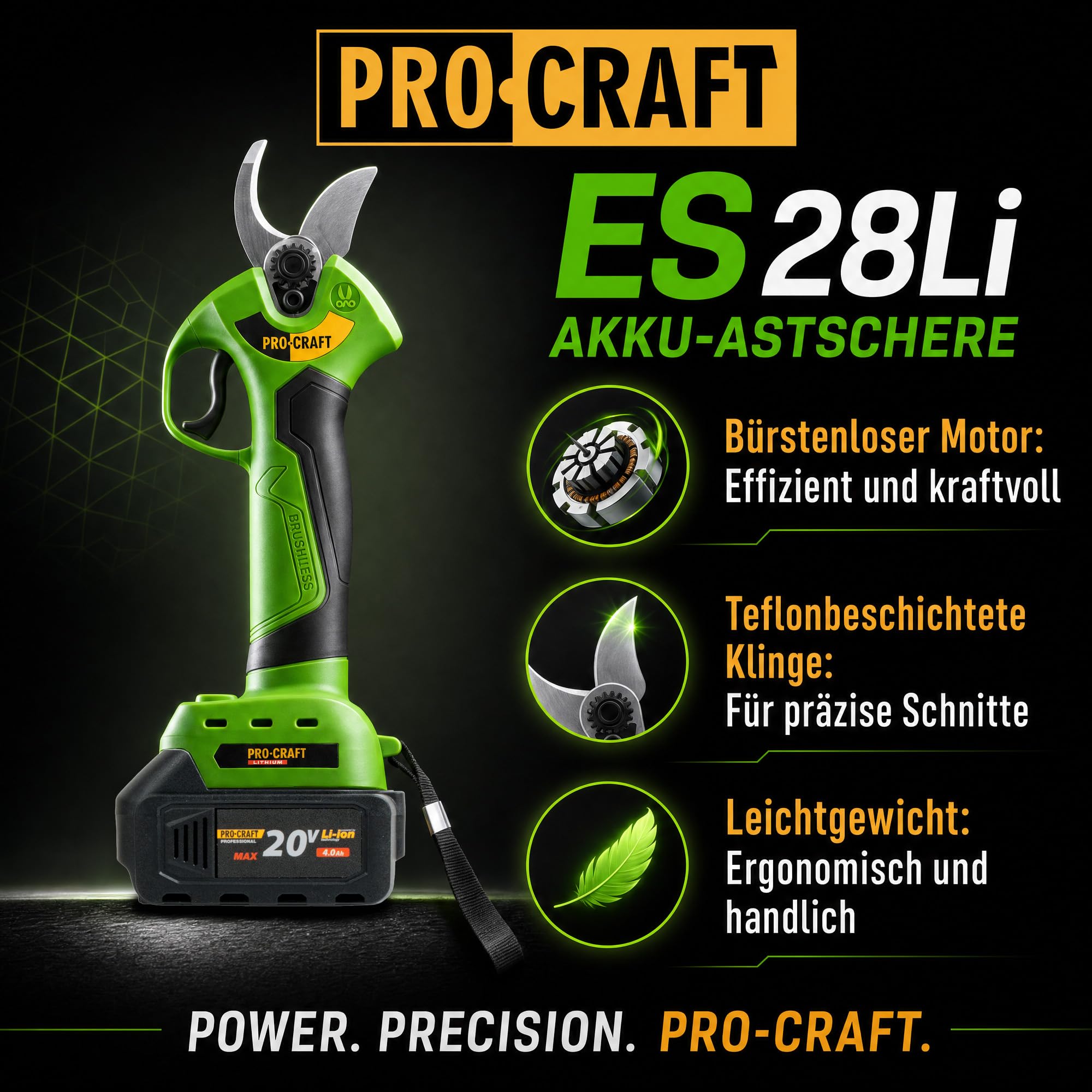 Procraft ES28Li bb Akku Astschere Gartenschere 20 V 25 mm + 1x Akku 4,0 Ah