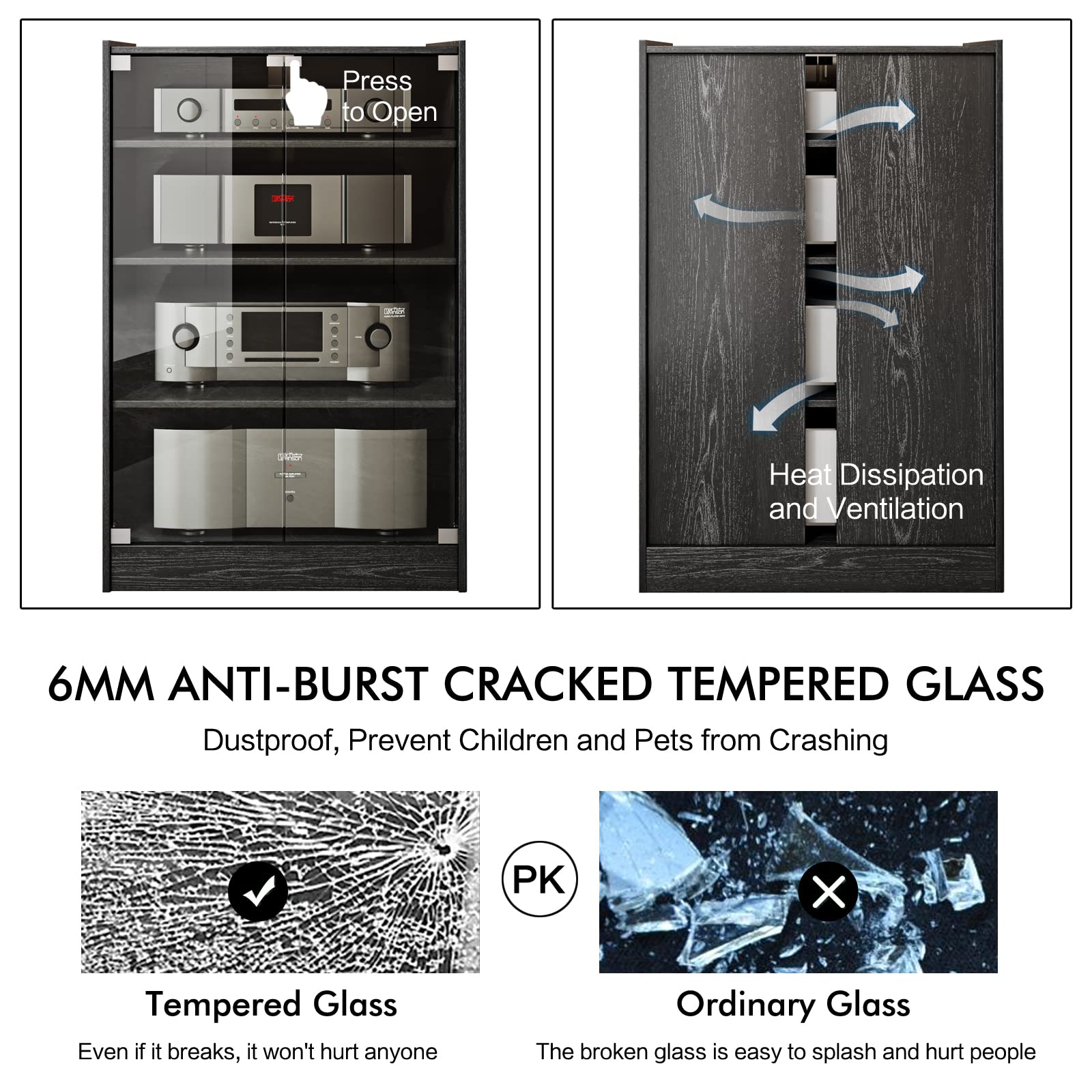 DOLILO Media Storage Cabinet, Audio Video Media Stand Cabinet with 4 Shelves, Modern AV Cabinet with Glass Doors, Storage for Entertainment Stereo Component, Modern TV Cabinet, Media Cabinet