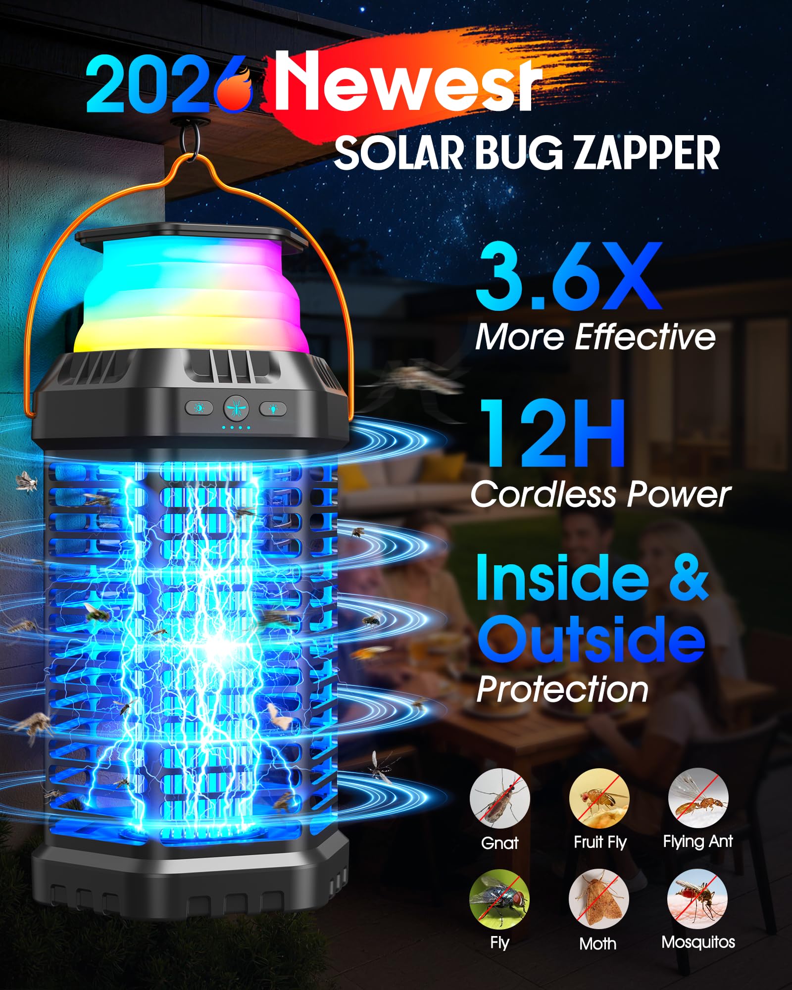 Zapper solare per insetti all'aperto, pieghevole e luce regolabile, ad alta efficienza, durata 12 ore, design ricaricabile senza fili, per interni ed esterni