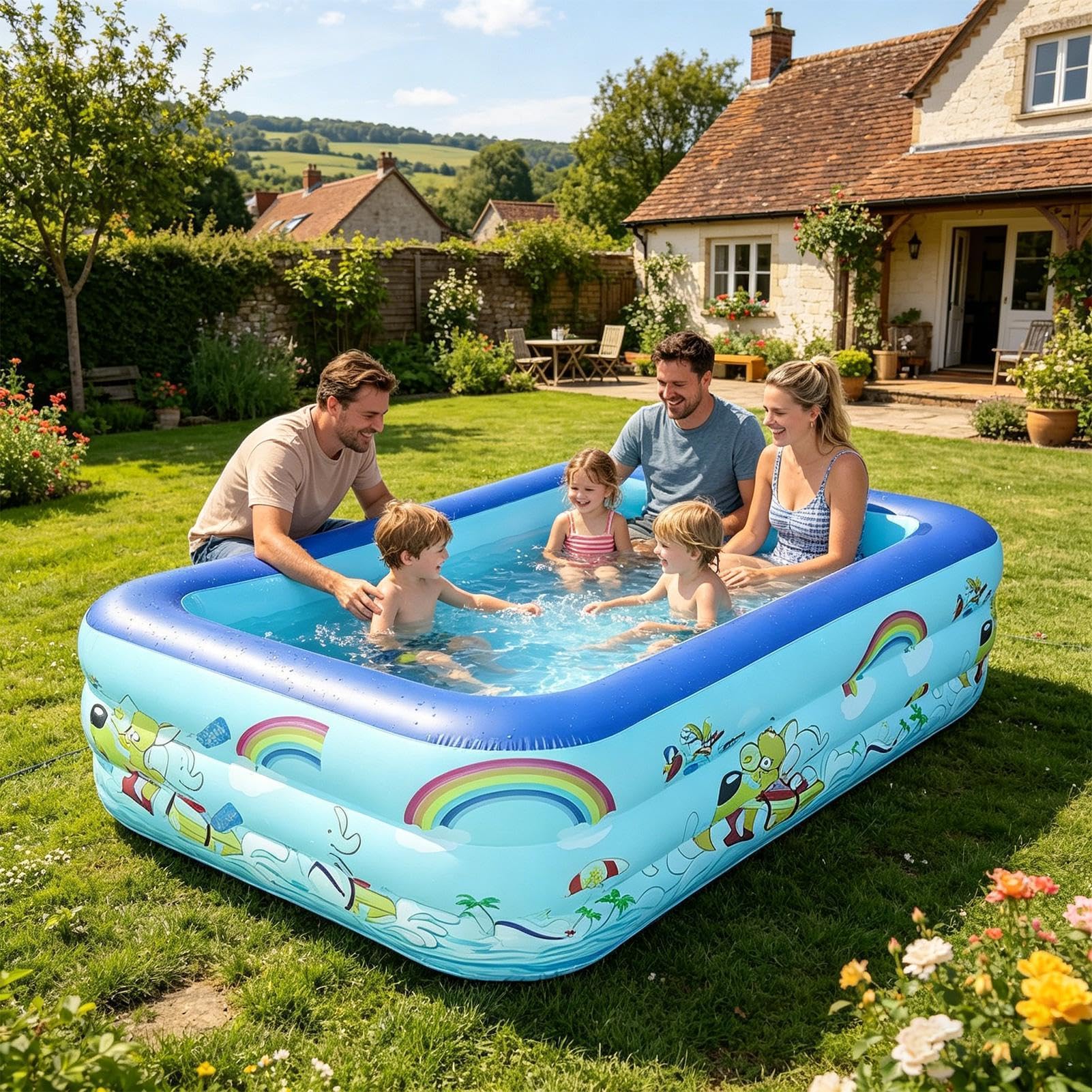 Piscina Gonfiabile per Bambini Rettangolare, 180x125x56cm Piscina Fuori Terra da Giardino e Esterno in PVC Ispessito, Vasca Idromassaggio Gonfiabile con Fondo Imbottito per Festa Acquatica Estiva