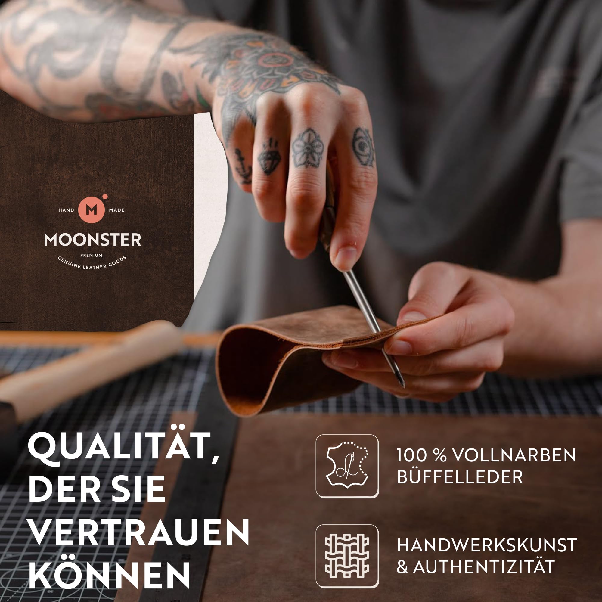Moonster Kulturtasche Damen & Herren - Kosmetiktasche aus Echtem Büffelleder - Faltbarer Kulturbeutel Herren zum aufhängen - Tabaktasche mit Mehreren Taschen, Messinghaken & YKK-Reißverschlüsse