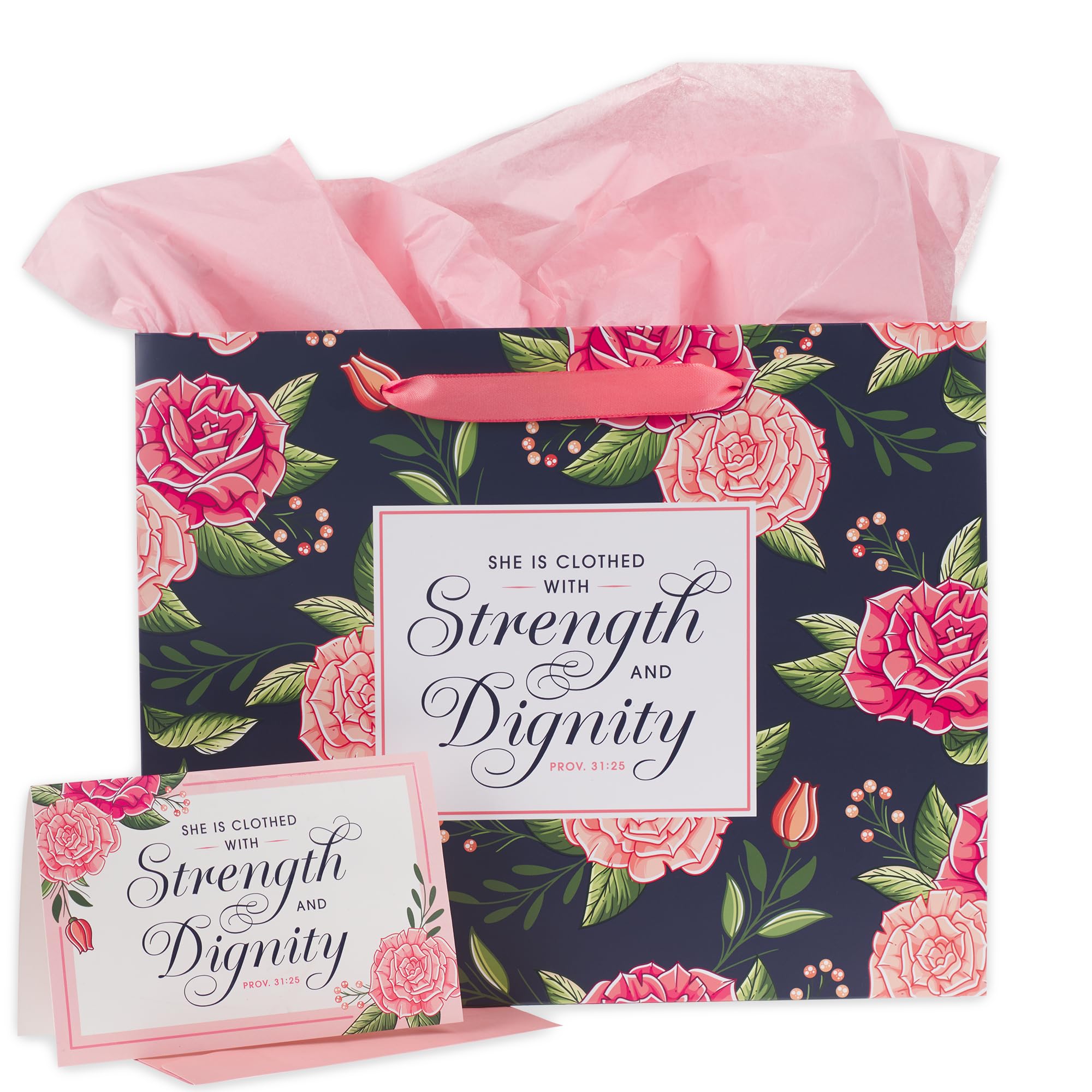 Christian Art Gifts Large Landscape Scripture Gift Bag w/Blank Greeting Card & Wrapping Tissue Paper Set for Women: Strength & Dignity Inspirational Bible Verse Proverb, Beautiful Pink Roses for โ image 1