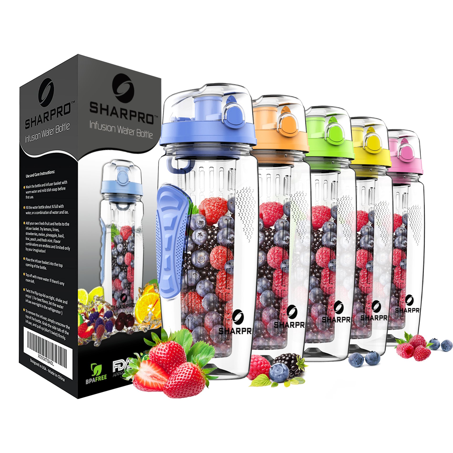 Sharpro 32 oz. Infuser Water Bottles - Featuring a Full Length Infusion Rod, Flip Top Lid, Dual Hand Grips (Serenity)