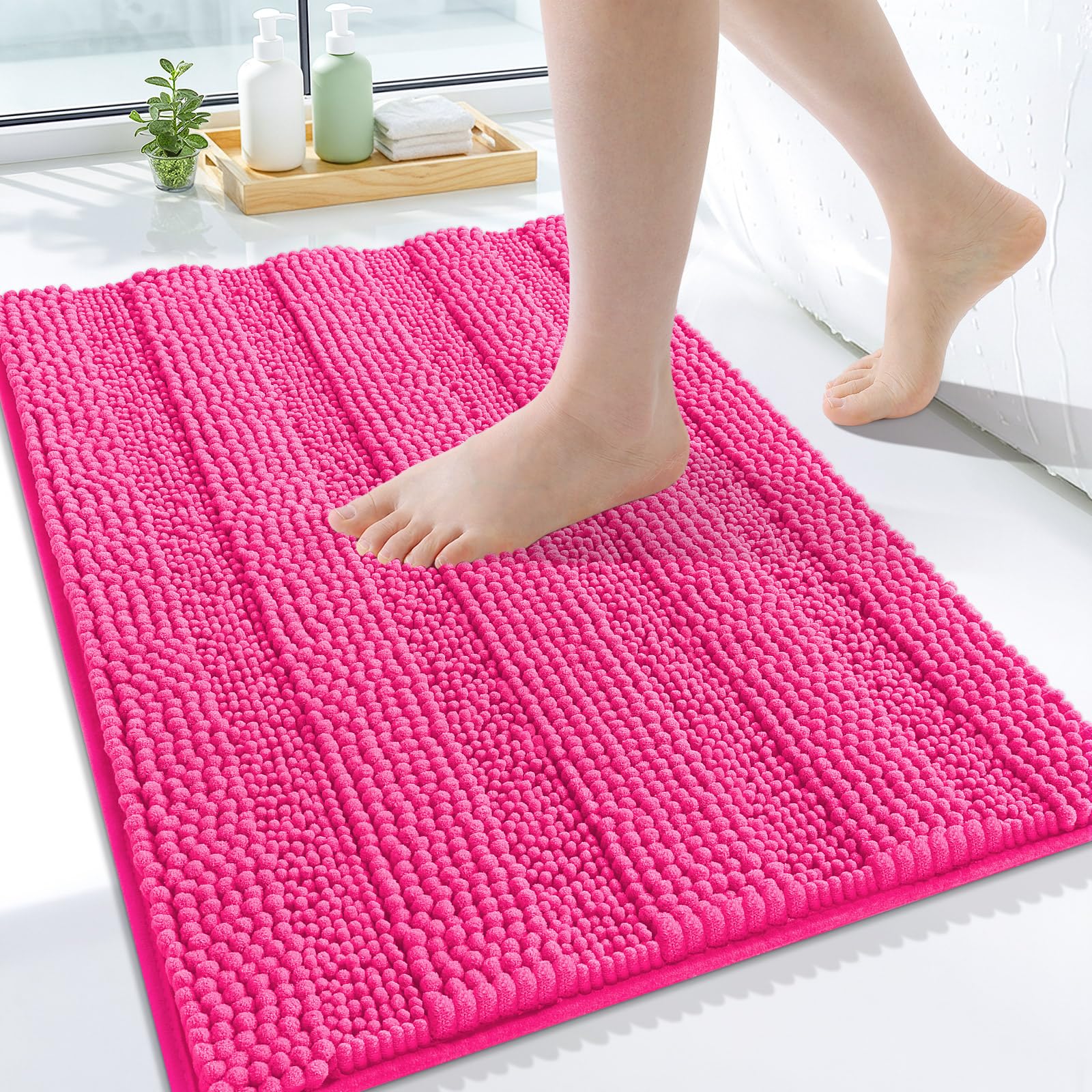 Grandaily Chenille Bathroom Rugs 24x16, Soft Absorbent Bath Mats, Deep Pink
