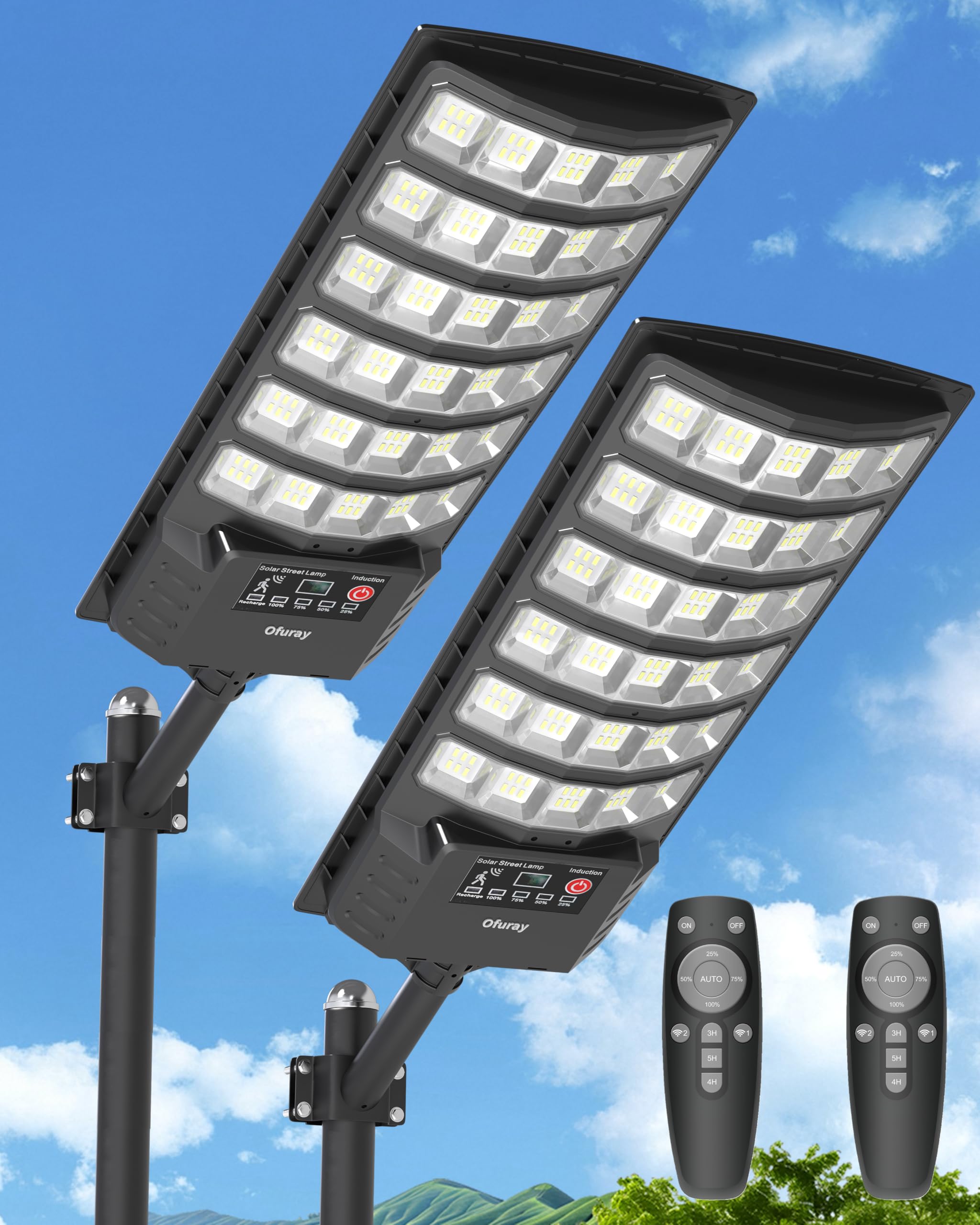 Ofuray Solar Straßenlaterne für Außen, 7000K LED Solarleuchten mit Bewegungsmelder, 5000MAH, 5 Beleuchtungsmodi Wasserdicht Solar Solarlampen Außen für Gärten Garage, OZL-2Pack