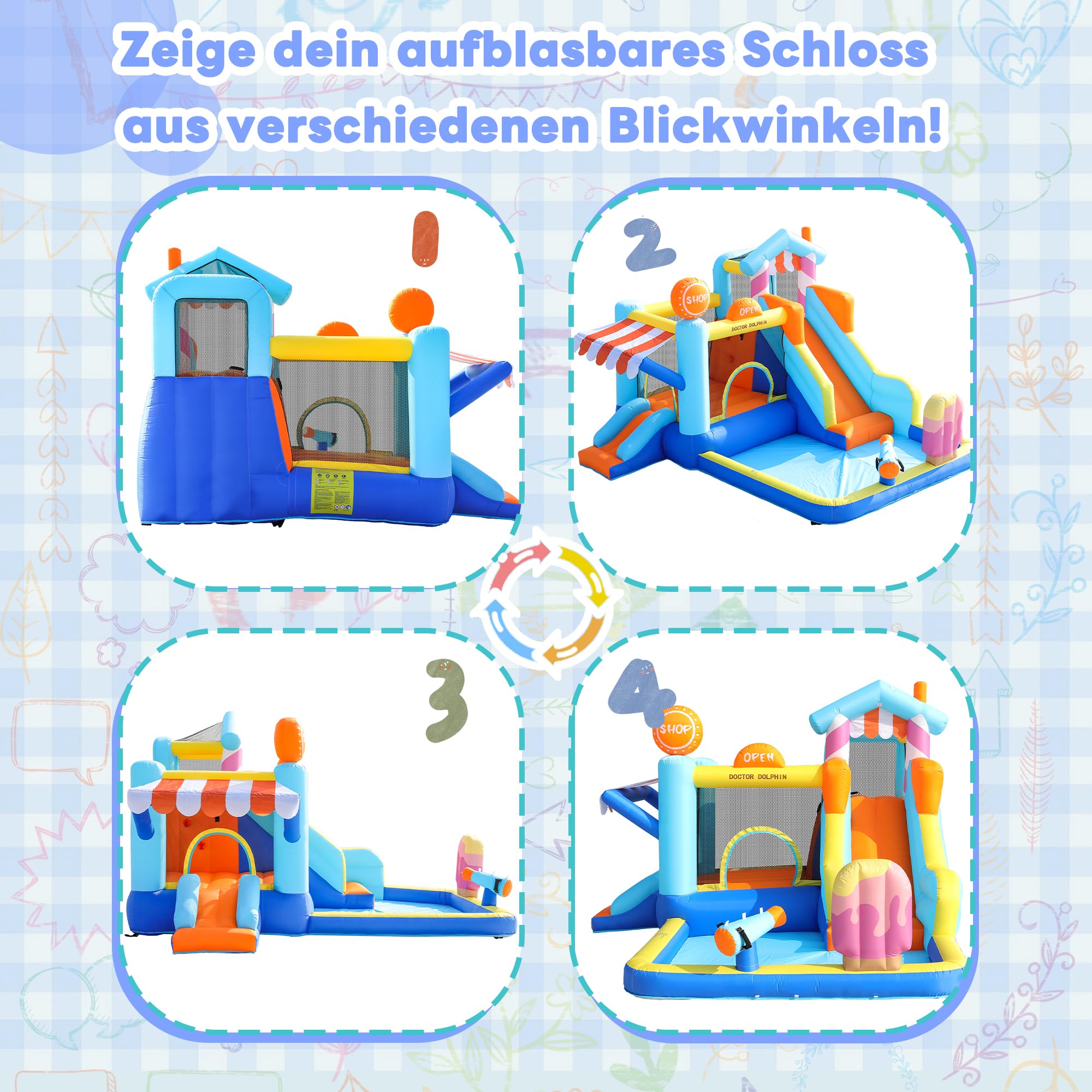Castello gonfiabile per bambini con ventilatore, parco acquatico multifunzionale all'aperto con trampolino, scivolo d'acqua, piccolo scivolo, fontana, pistole ad acqua, con ventilatore da 450 W, blu
