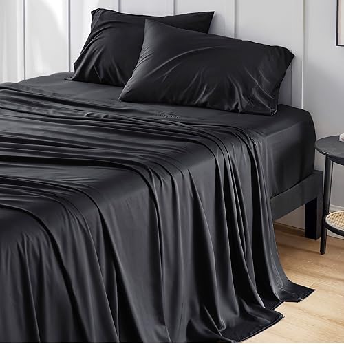 Bedsure Queen Sheets, Rayon Derived from Bamboo, Queen Cooling Sheet Set, Deep Pocket Up to 16", Breathable & Soft Bed Sheets, Hotel Luxury Silky Bedding Sheets & Pillowcases, Black - 09 - Black - Queen