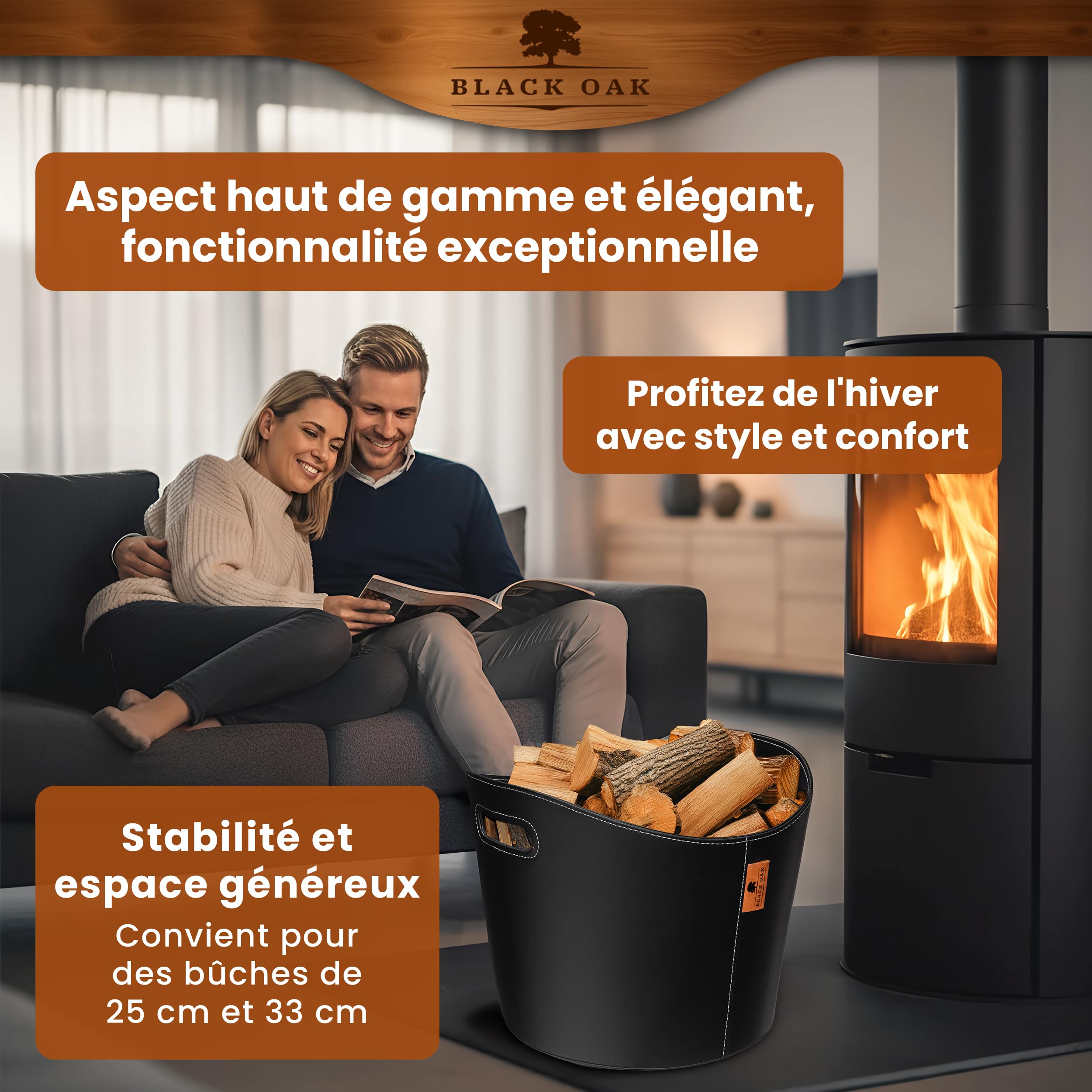 BLACK OAK DAKOTA L 40L Panier pour bois de cheminée en cuir synthétique noir - Capacité de charge 30kg - 40 litres 40x38x32cm - Panier pour bois de cheminée en bois Sac pour bois de chauffage Panier