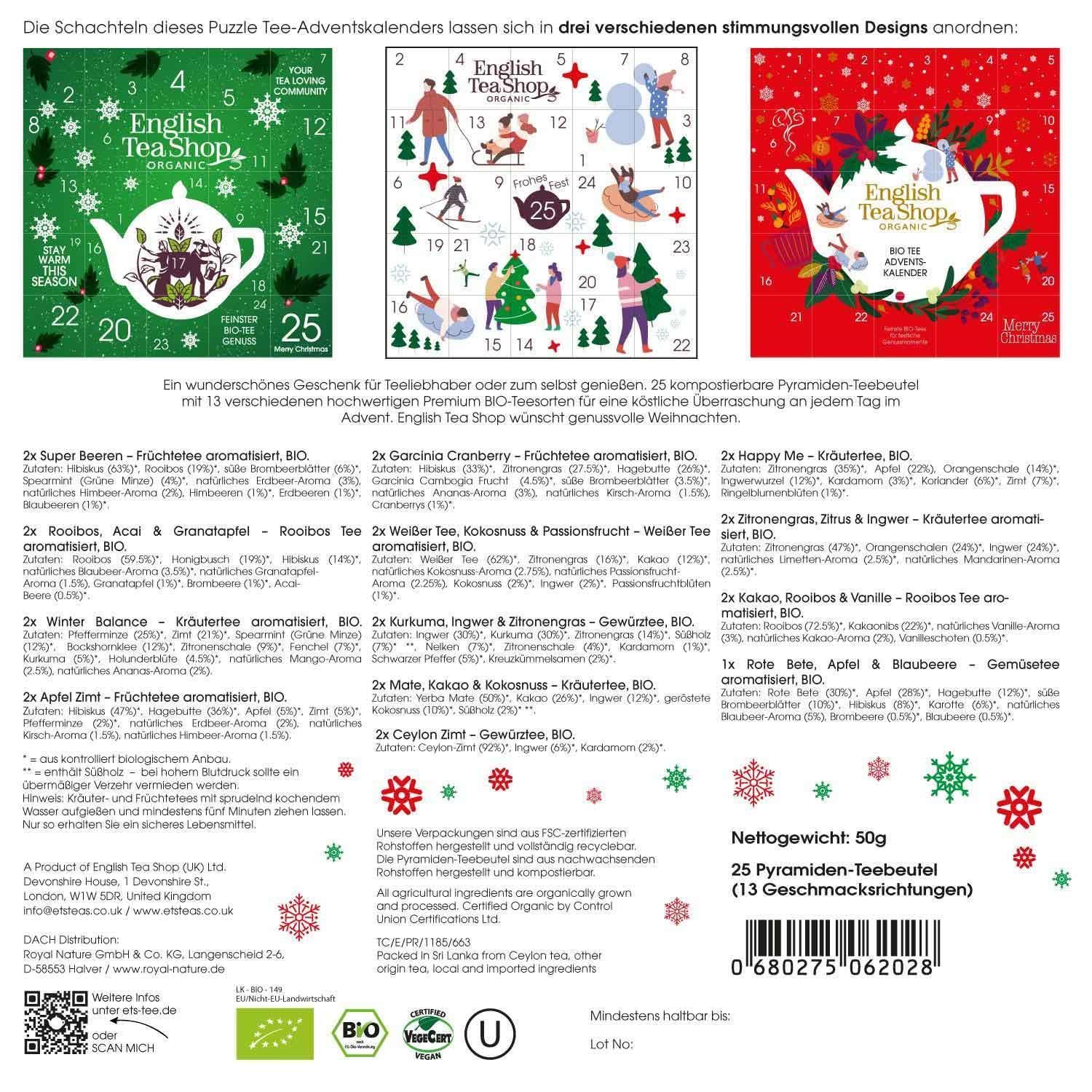 ETS - Puzzle Tee Adventskalender Red Christmas 25 x BIO Tees en Pyramidenbeuteln Früchte Kräuter und Gewürztee