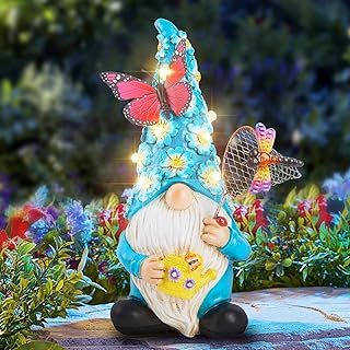 Garden Gnome Statues Outdoor Decor Solar Gnomes with Butterfly on LED Li...