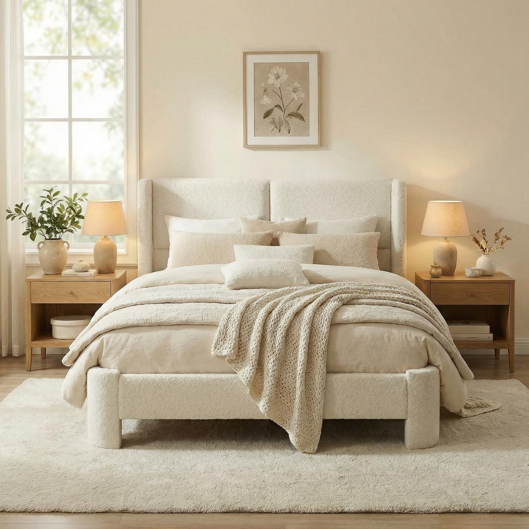 LIKIMIO Full Bed Frame with Headboard, Upholstered Boucle Platform Bed with USB Ports, Base Camas Full No Box Spring Needed, Cream White