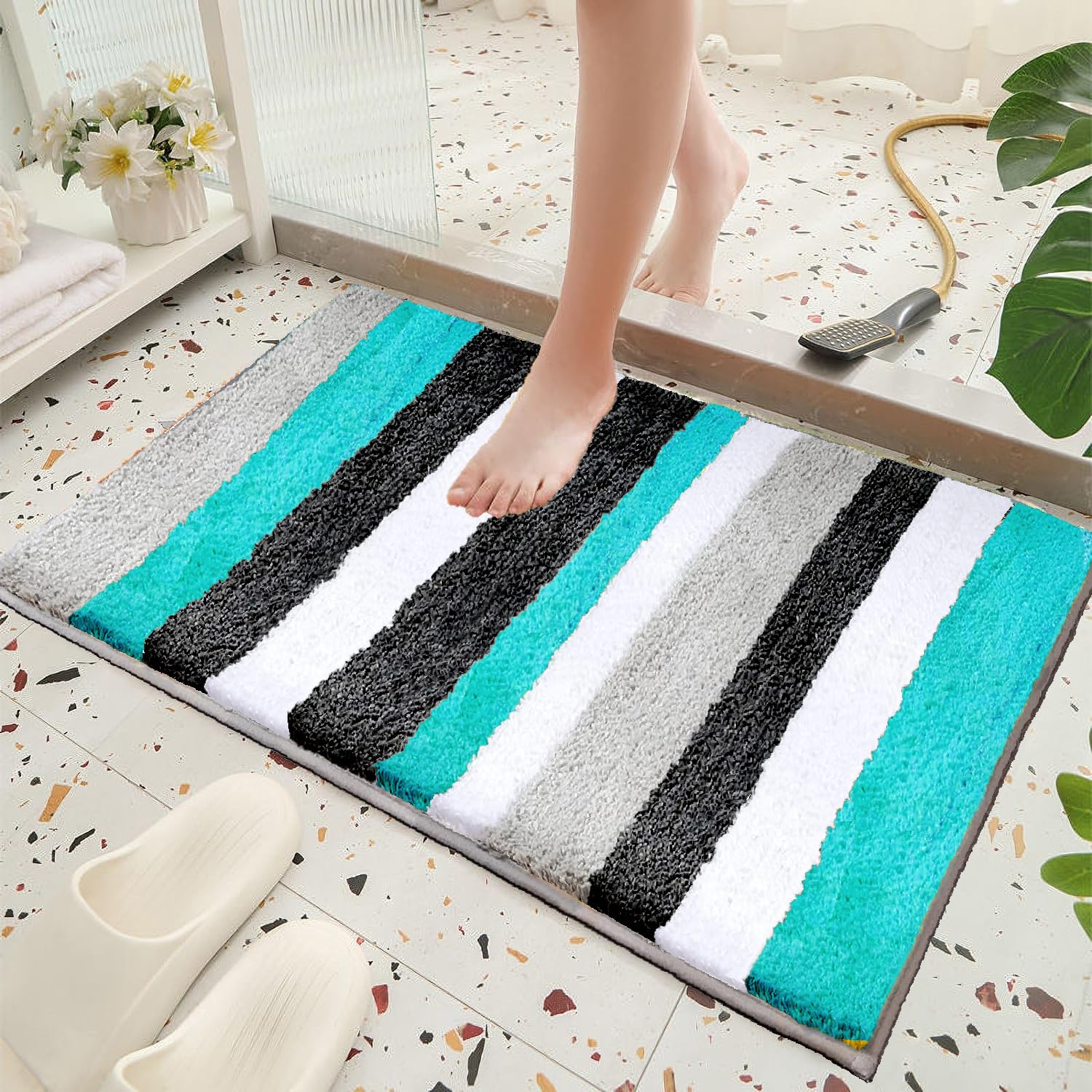 Roseate Luxury Super Soft (40x60 cm) Microfibre Striped 2000 GSM Bath Mat Super Absorbent Anti Skid Mats for Bathroom/Bedroom/Kitchen/Door Mat/Floor Mat (Peacock) Pack of 1