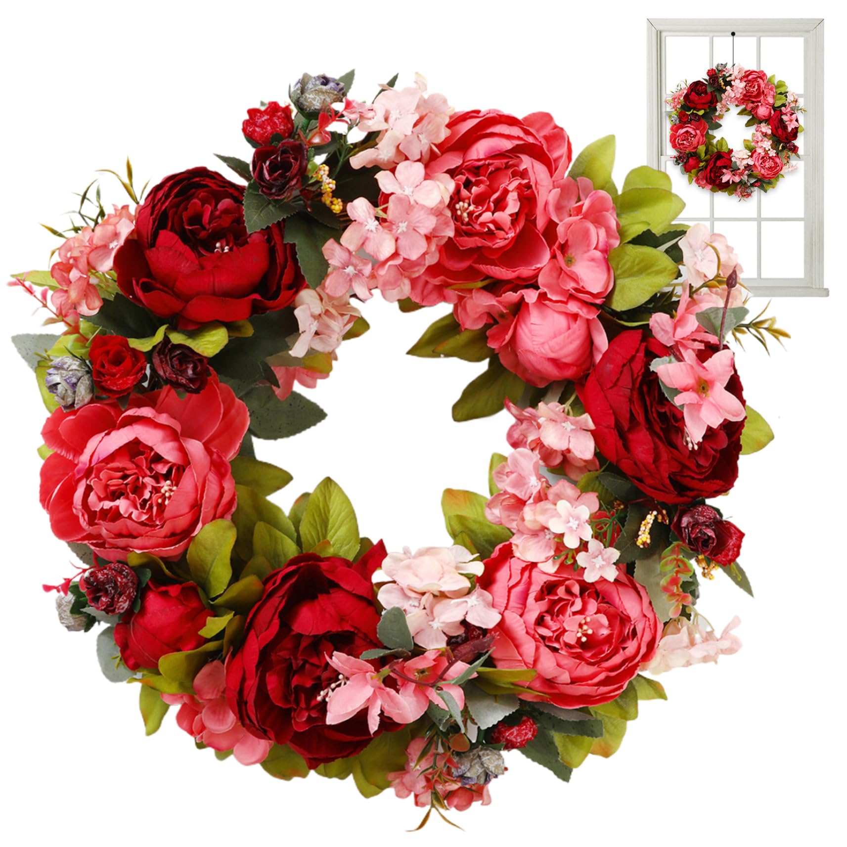 Ghirlanda di peonie, Ghirlanda per Porta di Fiori di Seta Artificiale da 16 Pollici con Fiori Rossi per Matrimoni all'aperto - Fiore