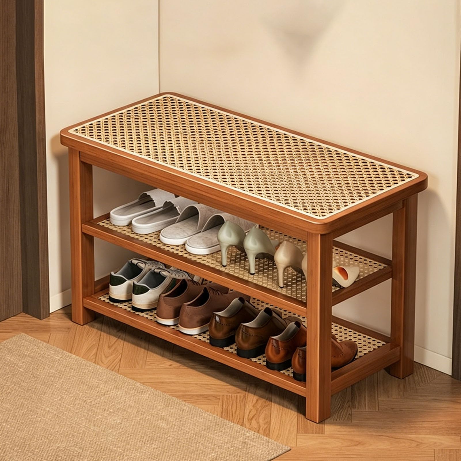 RTYHN Bamboo Entryway Bench with Cane Weave Seat,Breathable Rattan Seat Cushion,2-Tier Grid Storage Shelf,Sturdy Reinforced Legs,Rounded Corners,High Feet,for Hallway Apartment