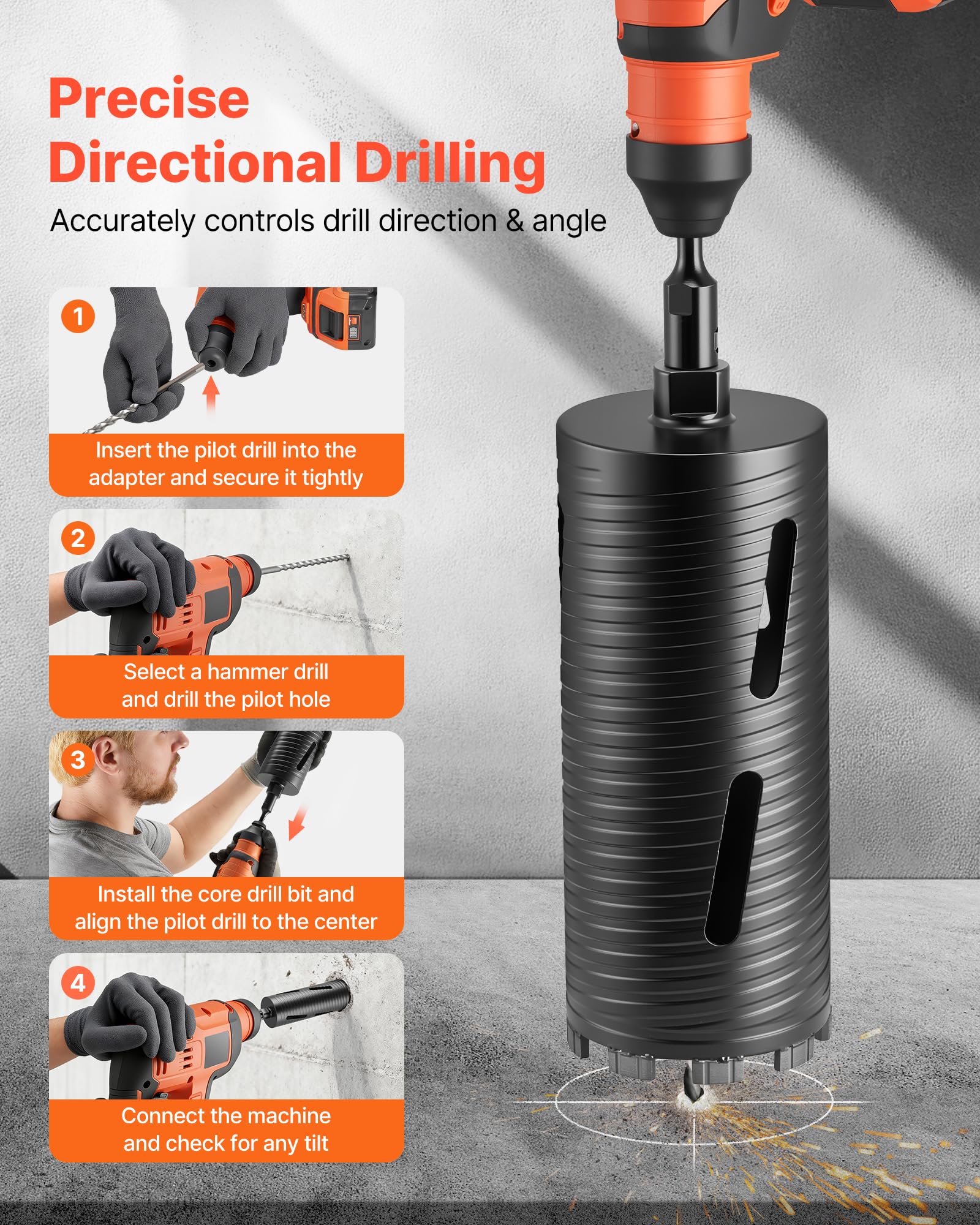 VEVOR Broca de Corona para Perforación en Seco, 102 mm Diámetro, 241 mm Profundidad, Rosca Interna M16, con 3 Adaptadores, Broca Piloto, Llave Hexagonal a Hormigón Armado, Ladrillo y Mampostería