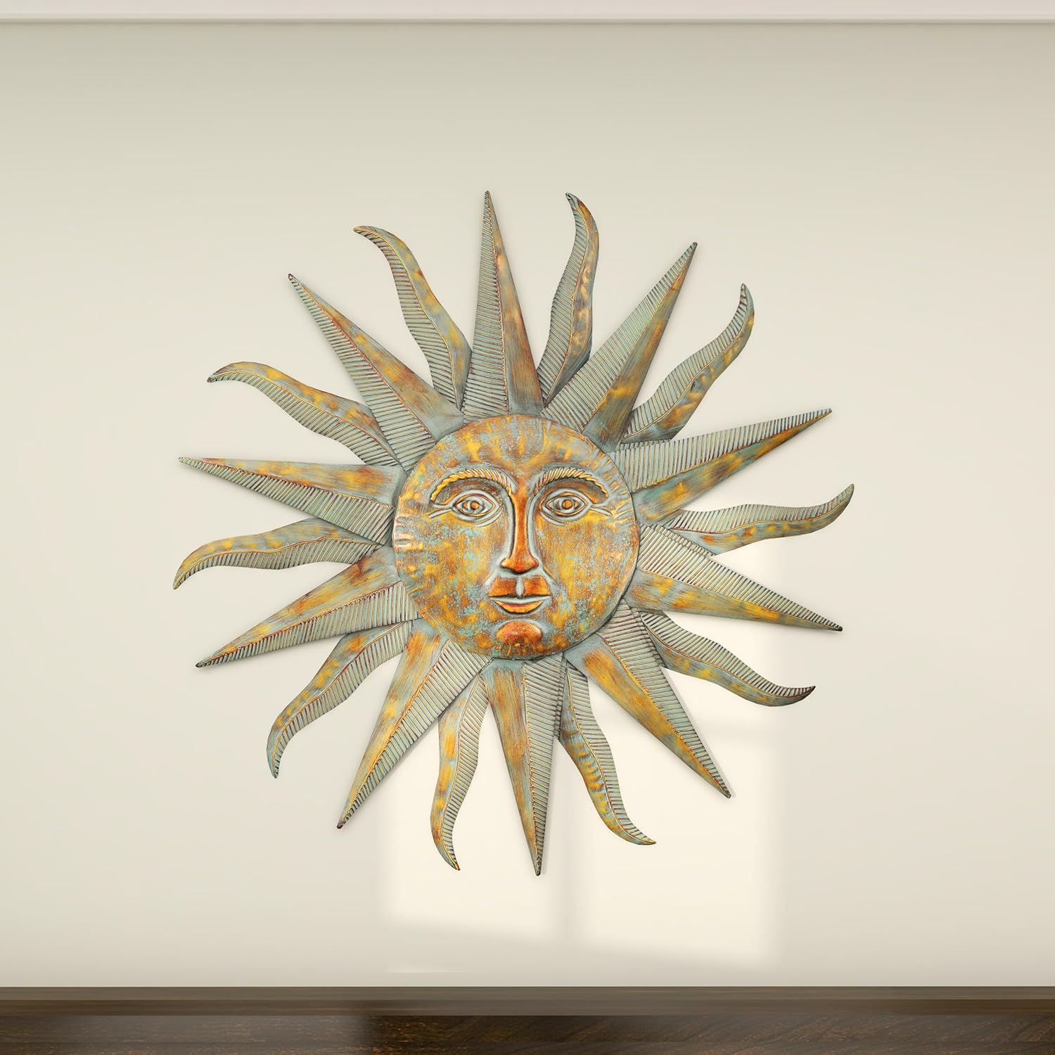 Deco 79 Metal Sun Home Wall Decor Indoor Outdoor Distressed Wall Sculpture with Copper-Like Accents and Grooves, Wall Art 35" x 1" x 35", Gold