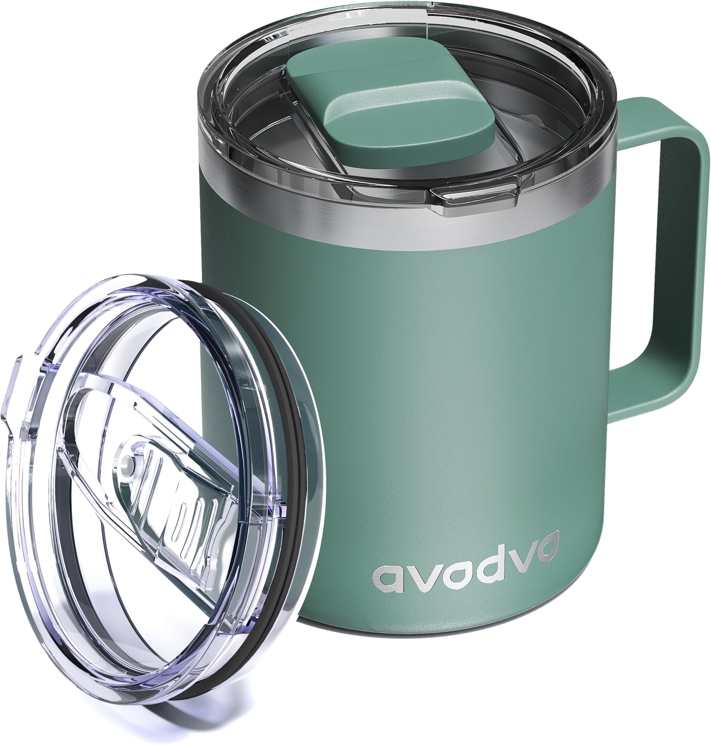 12oz Insulated Coffee Mug with Lid – Includes Two Lids, Stainless Steel Coffee Travel Mug with Handle, Double Wall Vacuum Insulated Camping Mug for Home, Office & Outdoor, Sage Green