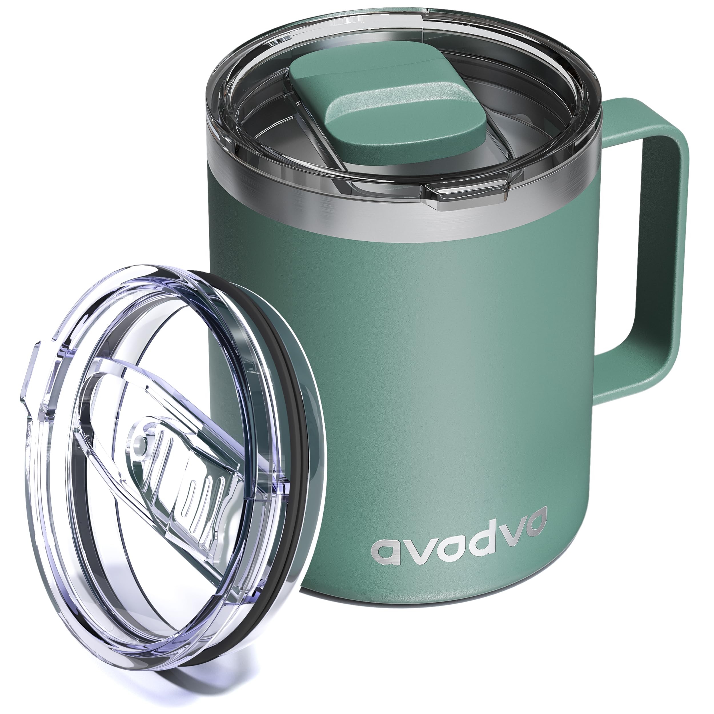 12oz Insulated Coffee Mug with Lid – Includes Two Lids, Stainless Steel Coffee Travel Mug with Handle, Double Wall Vacuum Insulated Camping Mug for Home, Office & Outdoor, Sage Green