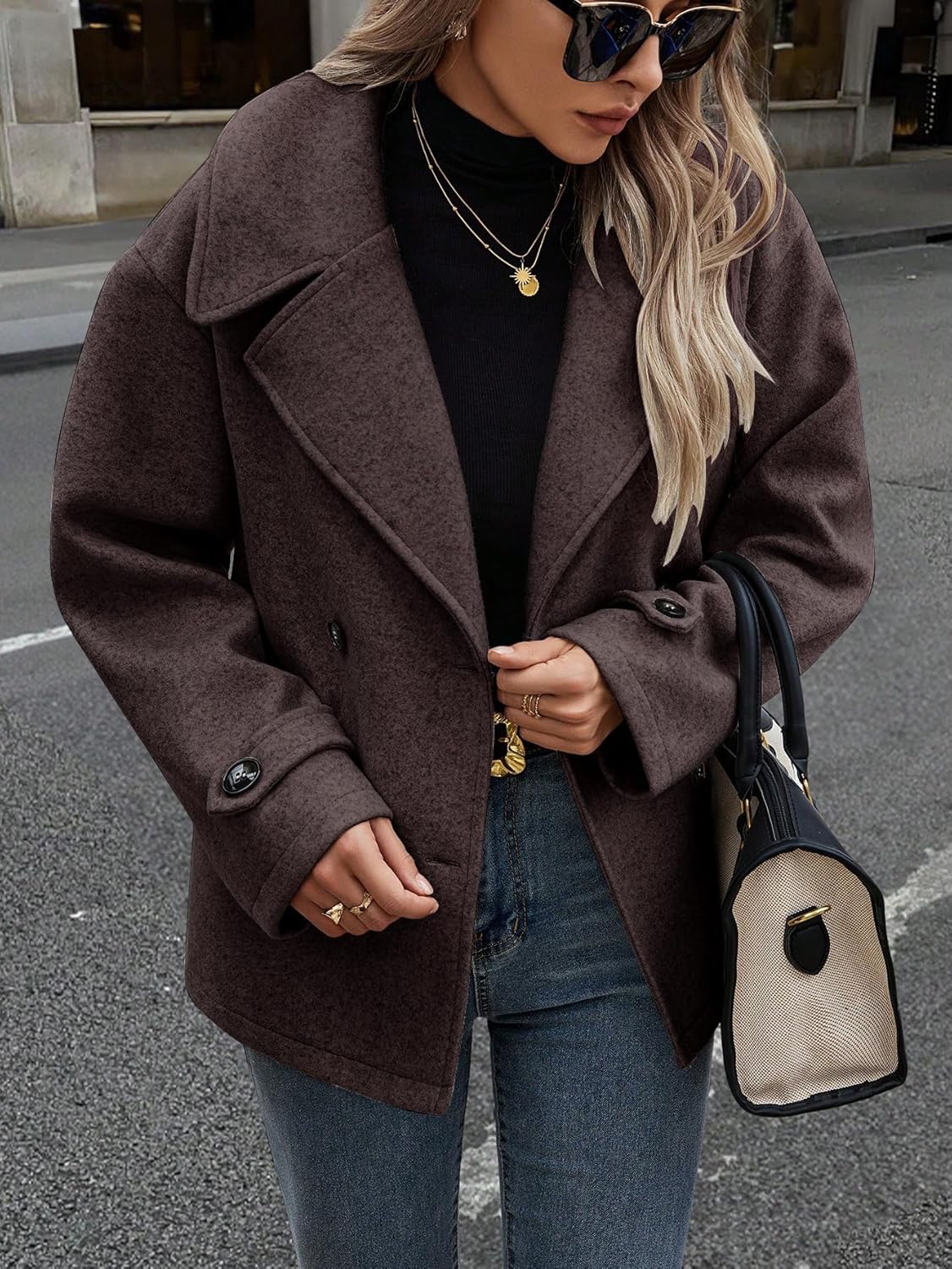 CHOUYATOU Women's Winter Loose Fit Cropped Wool Coat Double Breasted Dressy Short Blazer Jacket Peacoat