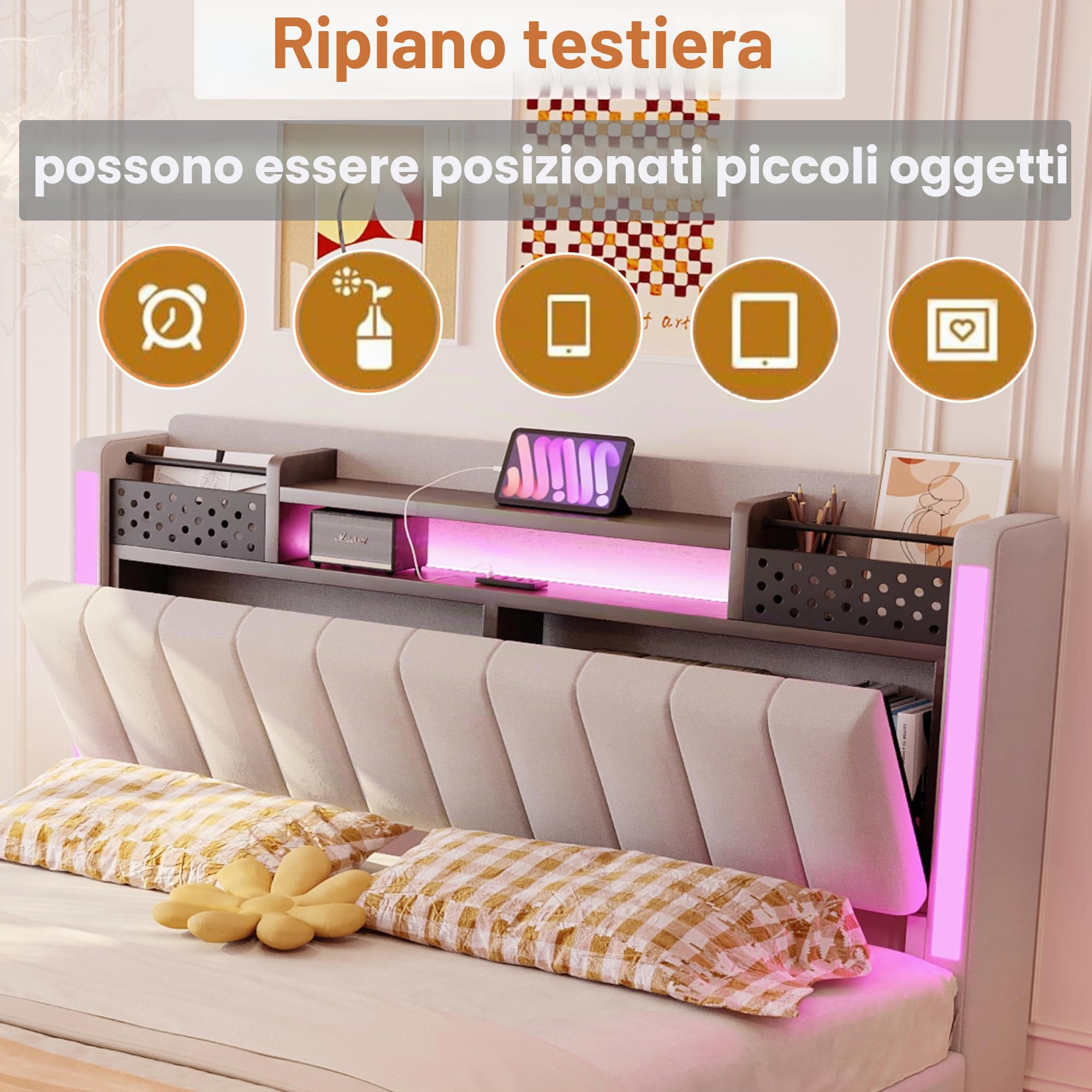 Moimhear Letto imbottito 140x200 cm con illuminazione a LED e presa USB, testiera con vano contenitore, galleggiante, letto per ragazzi, letto per adulti, tessuto di lino (Beige)