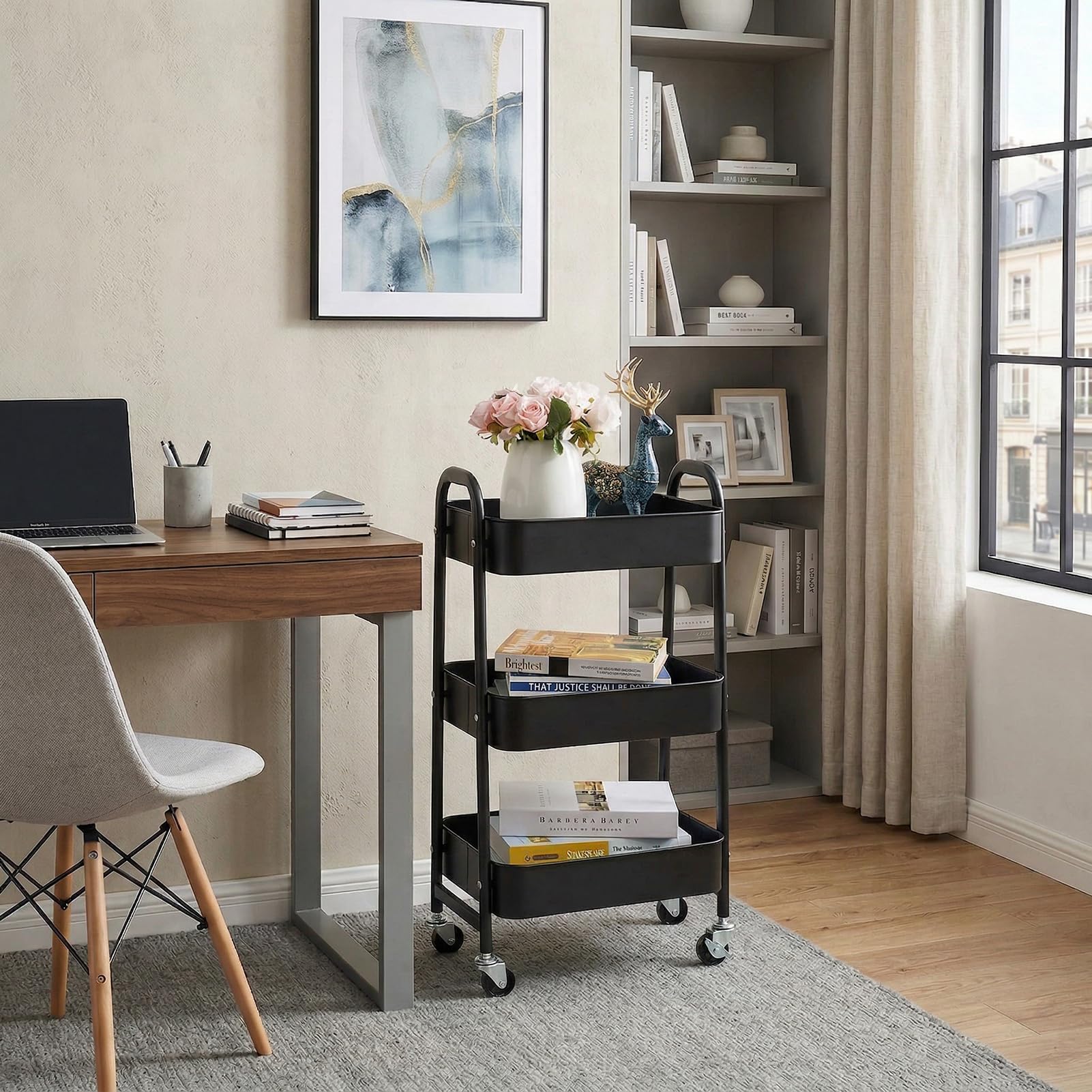 DOEWORKS Carrito Auxiliar con Ruedas Carrito Servicio Metalico Carro de Almacenamiento 3 Niveles Rodante Carro Organizador para Cocina Dormitorio Baño Oficina, Negro
