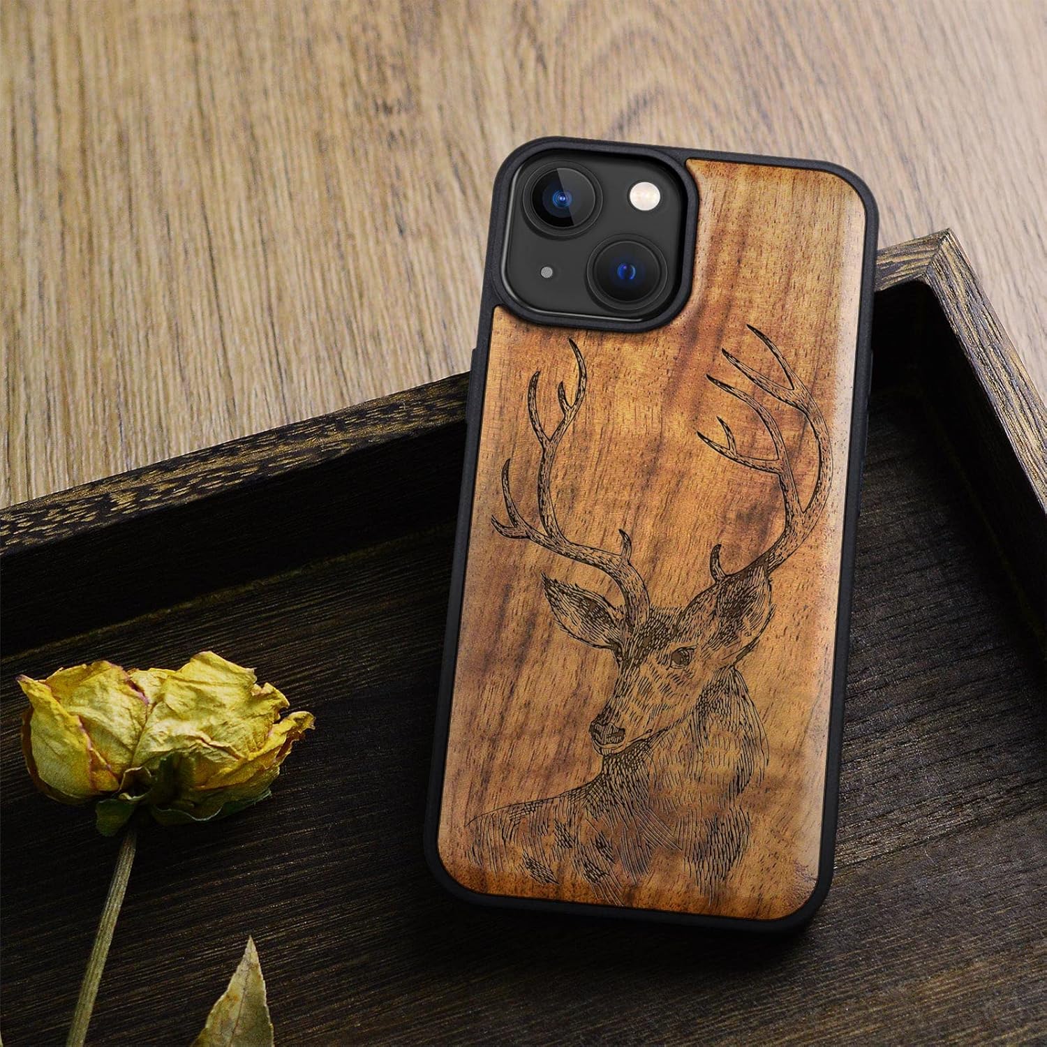 Carveit Magnetic Wood Case for iPhone 14 Case [Natural Wood & Black Soft TPU] Unique & Classy Wooden Shockproof Protective Cover Compatible with magsafe (Deer Head -Walnut)