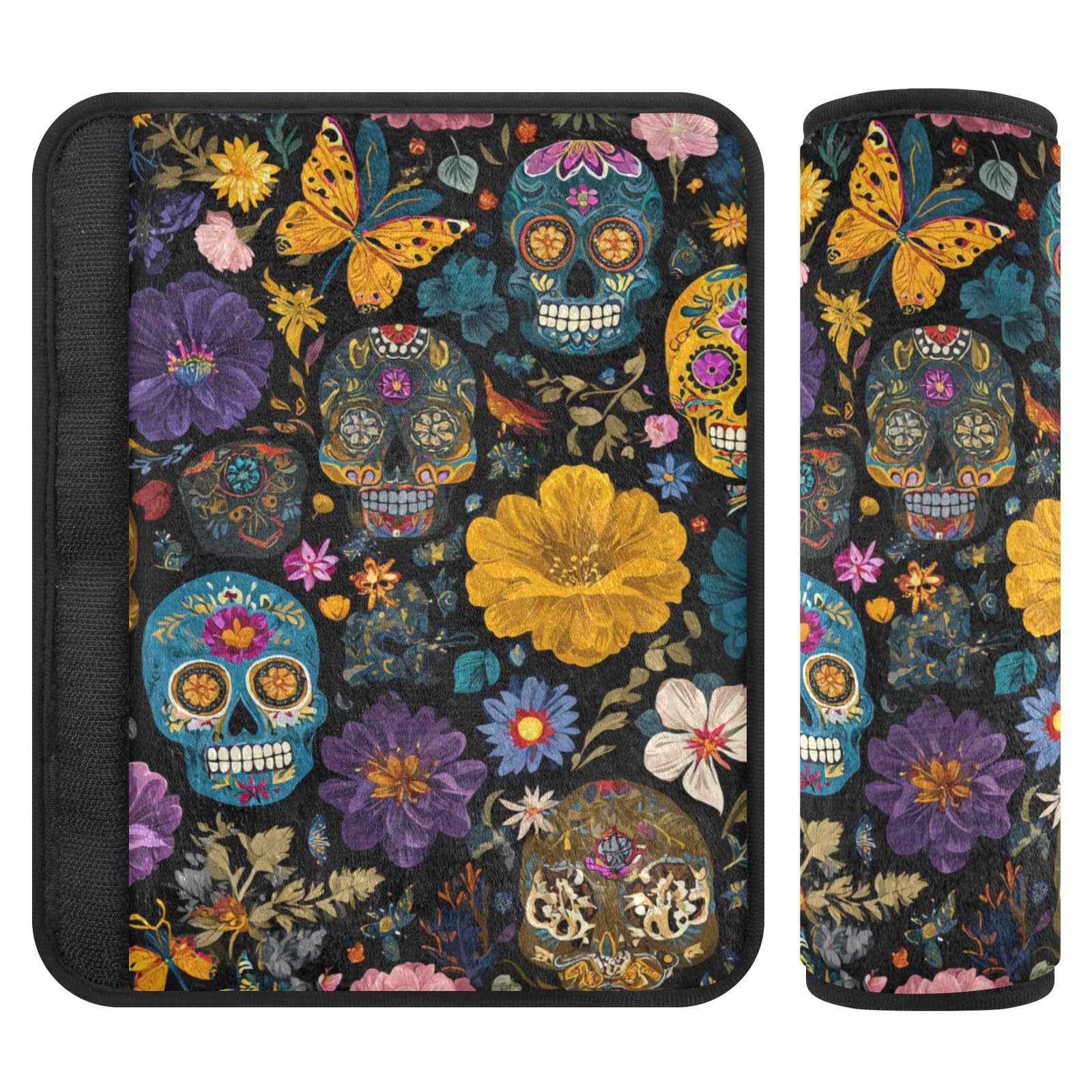 Mexican Skulls and Flowers Seat Belt Cover Pad 2 Pcs Soft Cute Seatbelt Covers Protector Support Head Neck Shoulder Strap for Car Seats High Chair Backpack for Adults Kids Women Men 10x7.7In 2