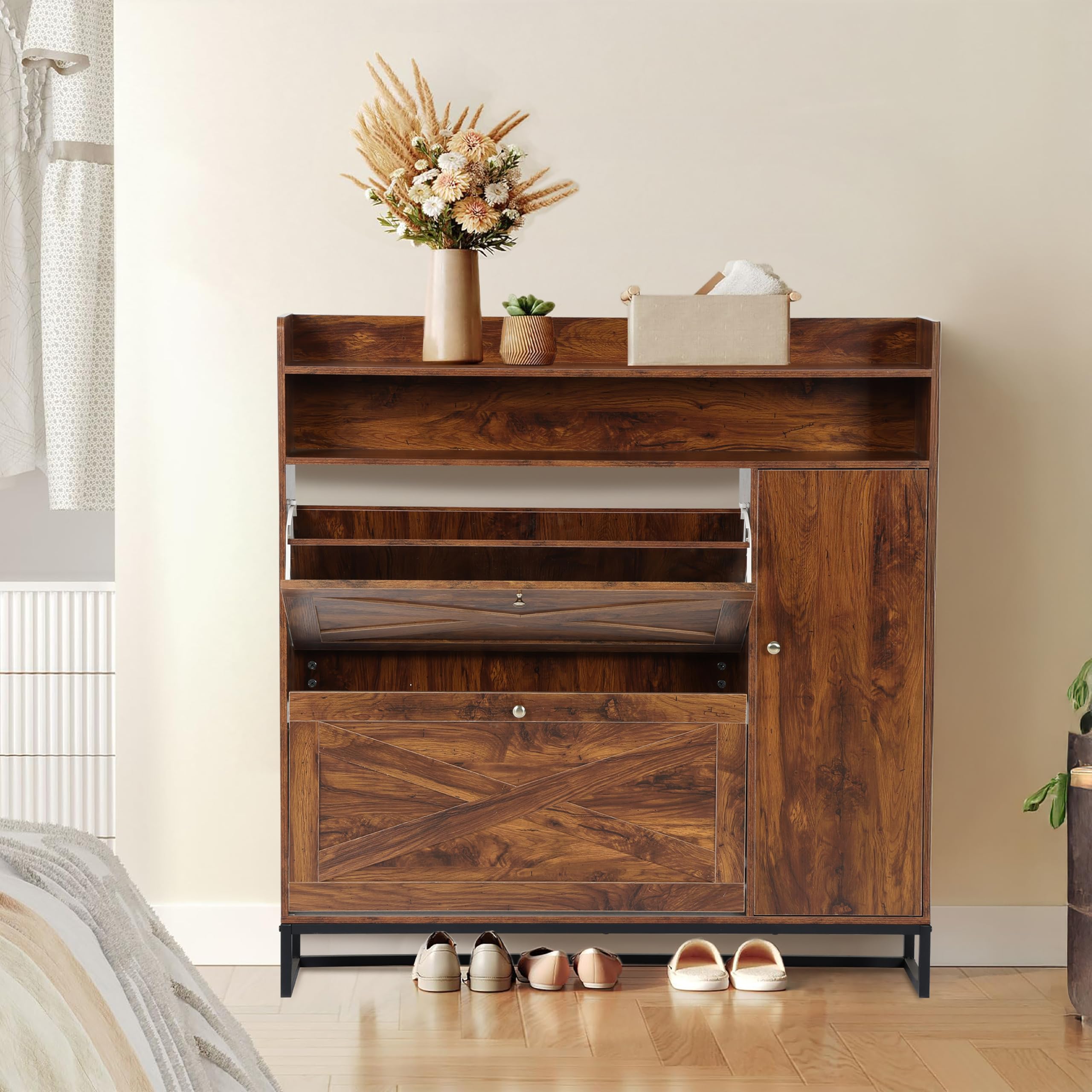 SunSettler Shoe Storage Cabinet with 2 Flip Drawers, Freestanding Shoe Cabinet for Entryway, Narrow Shoe Rack for Entryway, Rustic Brown