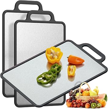Double-Sided Solid Stainless Steel Cutting Board for Kitchen, 304 Grade & Dishwasher Safe - Non-Slip with Juice Groove, Perfect for Meat and Veggies, 15.3x9.6 Inch