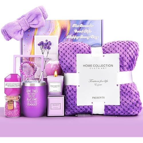 Birthday Gifts for Women, Get Well Soon Gifts,Purple Lavender Spa Flannel Blanket Gift Set, Gift For Female Friend, Mom, Wife, Girlfriend, Sister, Holidays