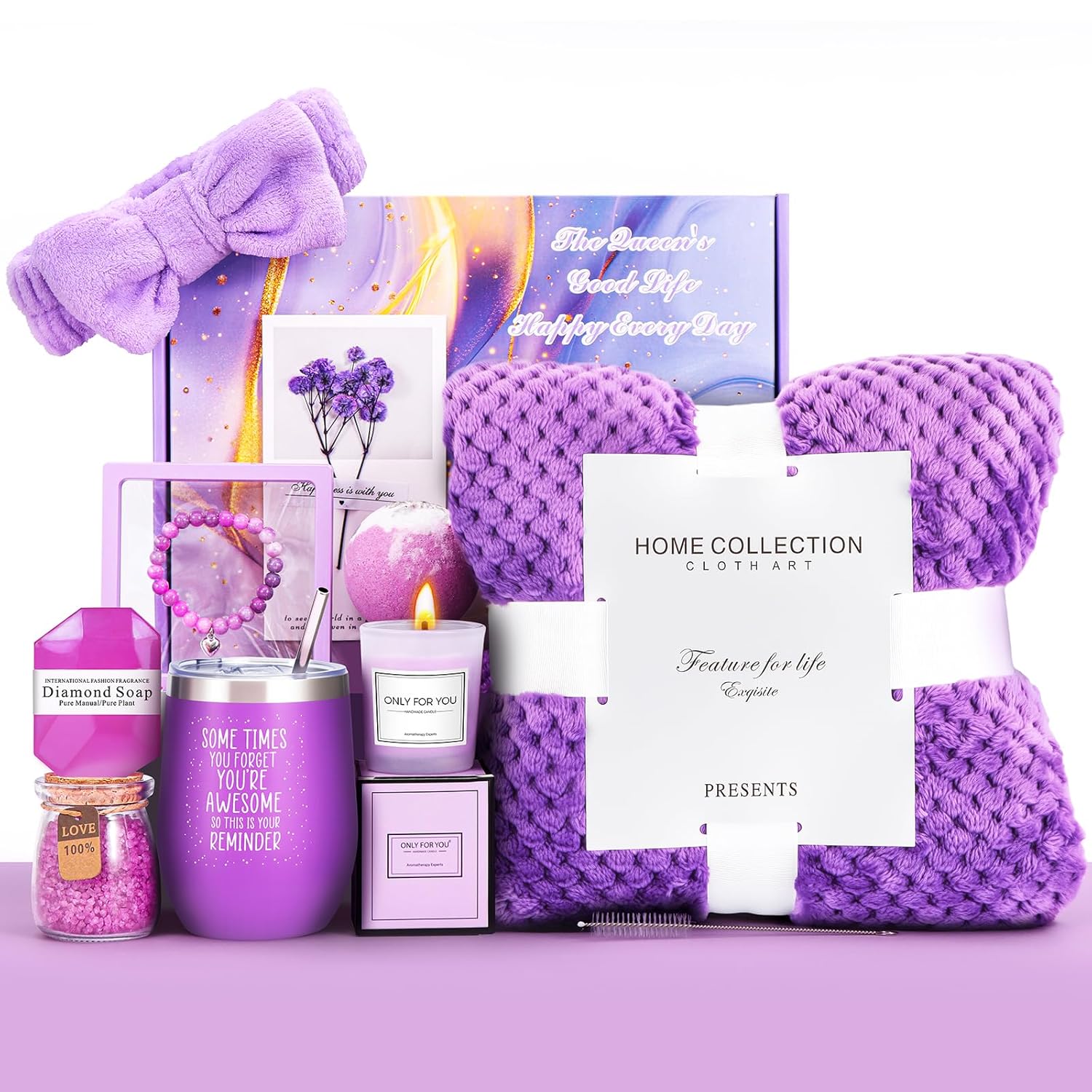 Birthday Gifts for Women, Get Well Soon Gifts,Purple Lavender Spa Flannel Blanket Gift Set, Gift For Female Friend, Mom, Wife, Girlfriend, Sister, Holidays