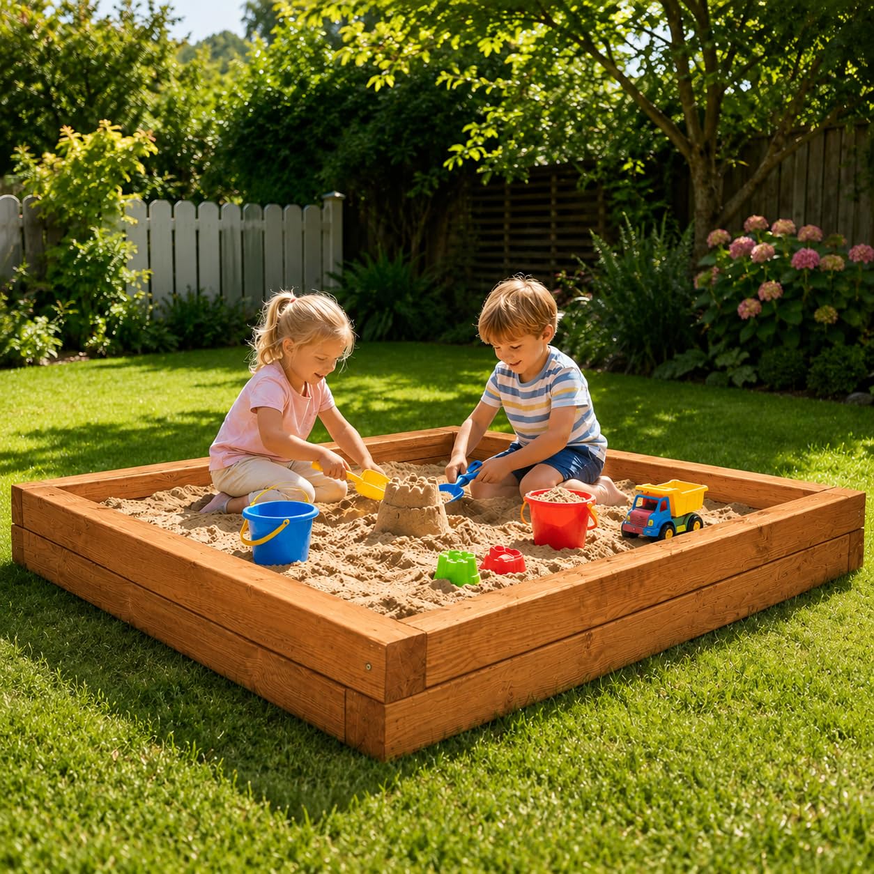 Caja de arena de madera de 210 x 210 cm, color marrón, de postes de madera tratada a presión, resistente a la intemperie y duradera, tratada a presión, kit de montaje hecho a mano con tornillos, fácil