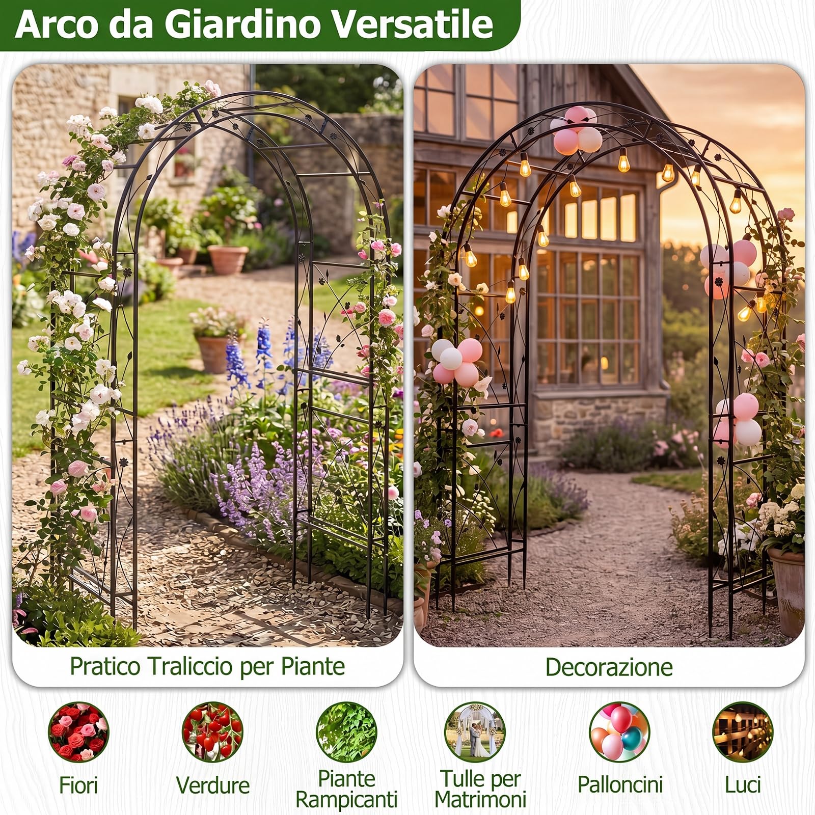 COSTWAY Arco da Giardino, Pergolato per Piante Rampicanti, Vite e Rose | Pergola Decorativa con Motivi a Foglia da Giardino, Ingresso, Viale e Cortile per Matrimonio e Festa, 138 x 59 x 213 cm