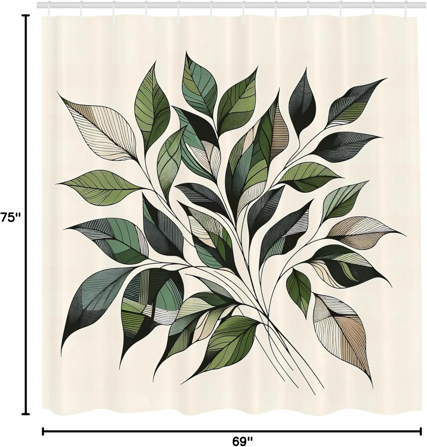 Ambesonne Boho Shower Curtain, Modern Minimalist Themed Bohemian Jungle Leafy Bouquette with Simple Lines, Cloth Fabric Bathroom Decor Set with Hooks, 69" W x 75" L, Fern Green Warm Taupe