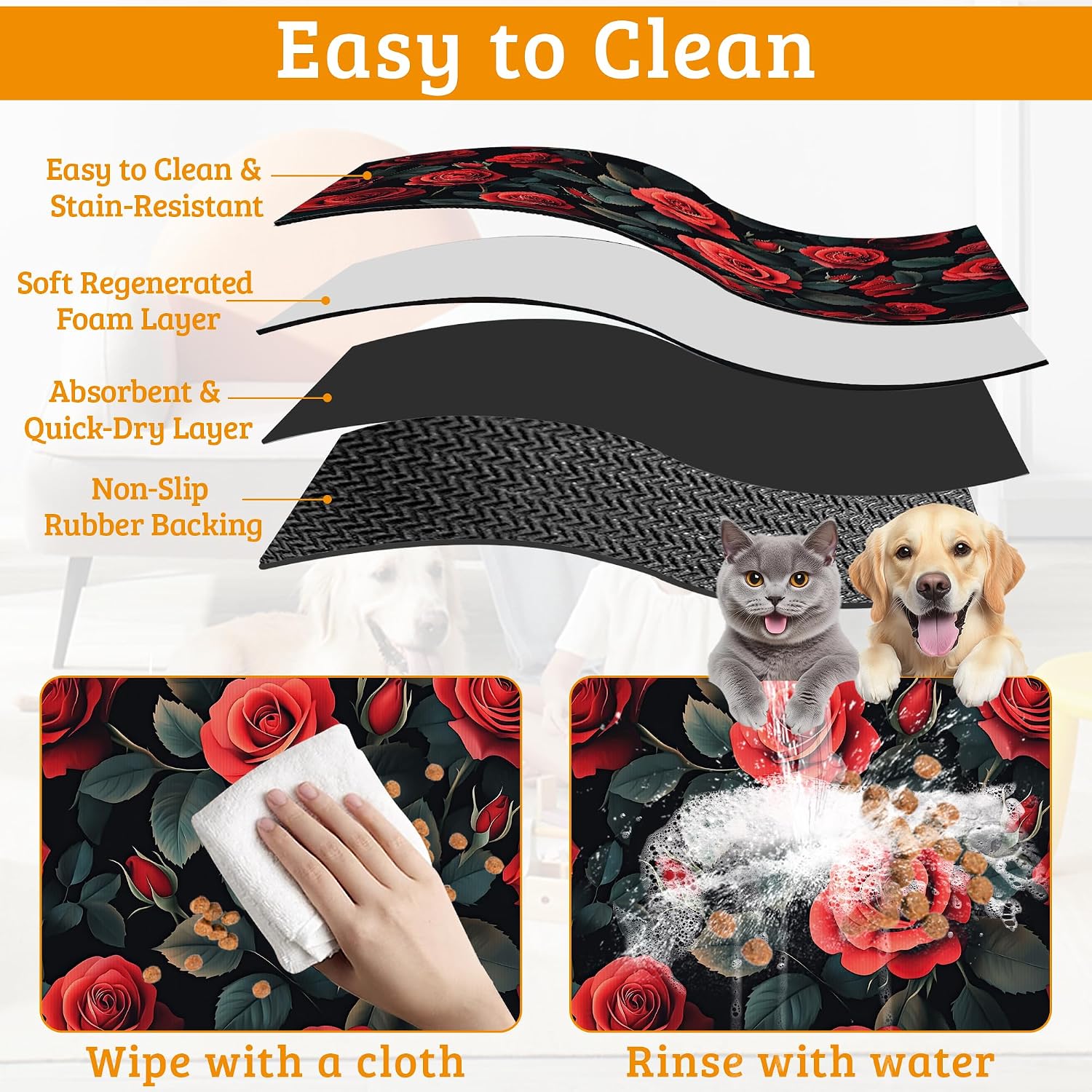 Retro Rose Feeding Mat,Green Leaf Absorbent Quick-Dry Cat Dog Food and Water Bowl Mats,Non-Slip Rubber Backing Mat,Cat Dog Accessories Supplies 16" x 24" image 5