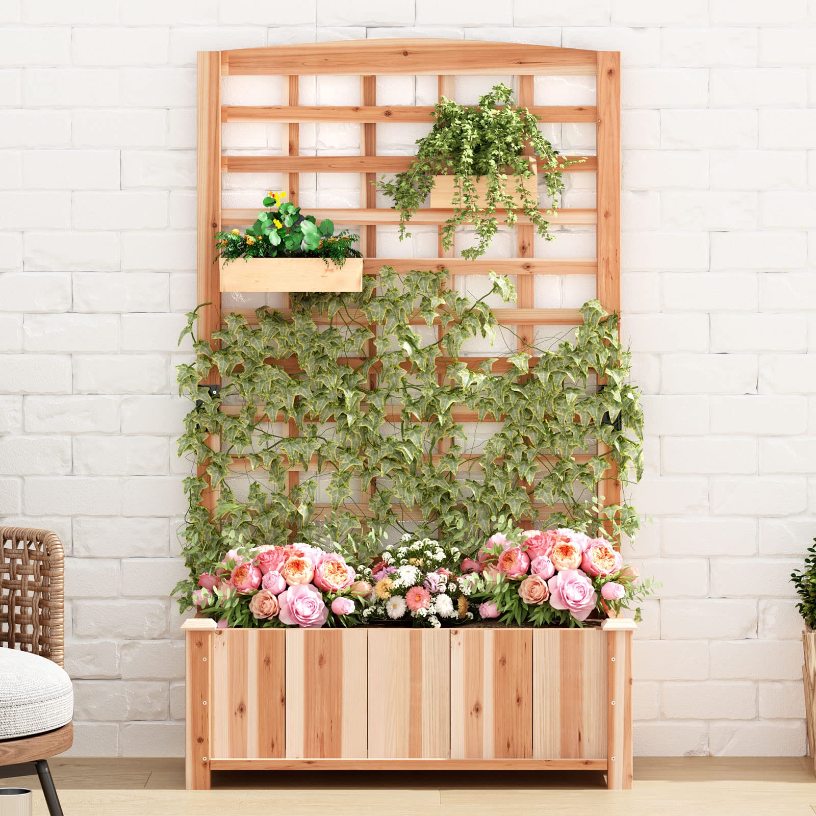 soges Blumenkasten mit Rankgitter, Pflanzkasten mit Spalier & Entwässerungslöchern, Natur Rankkasten Holz, Gartenspalier für Kletterpflanzen, Gartenbeet für Balkon Terrasse, 90×40×151 cm