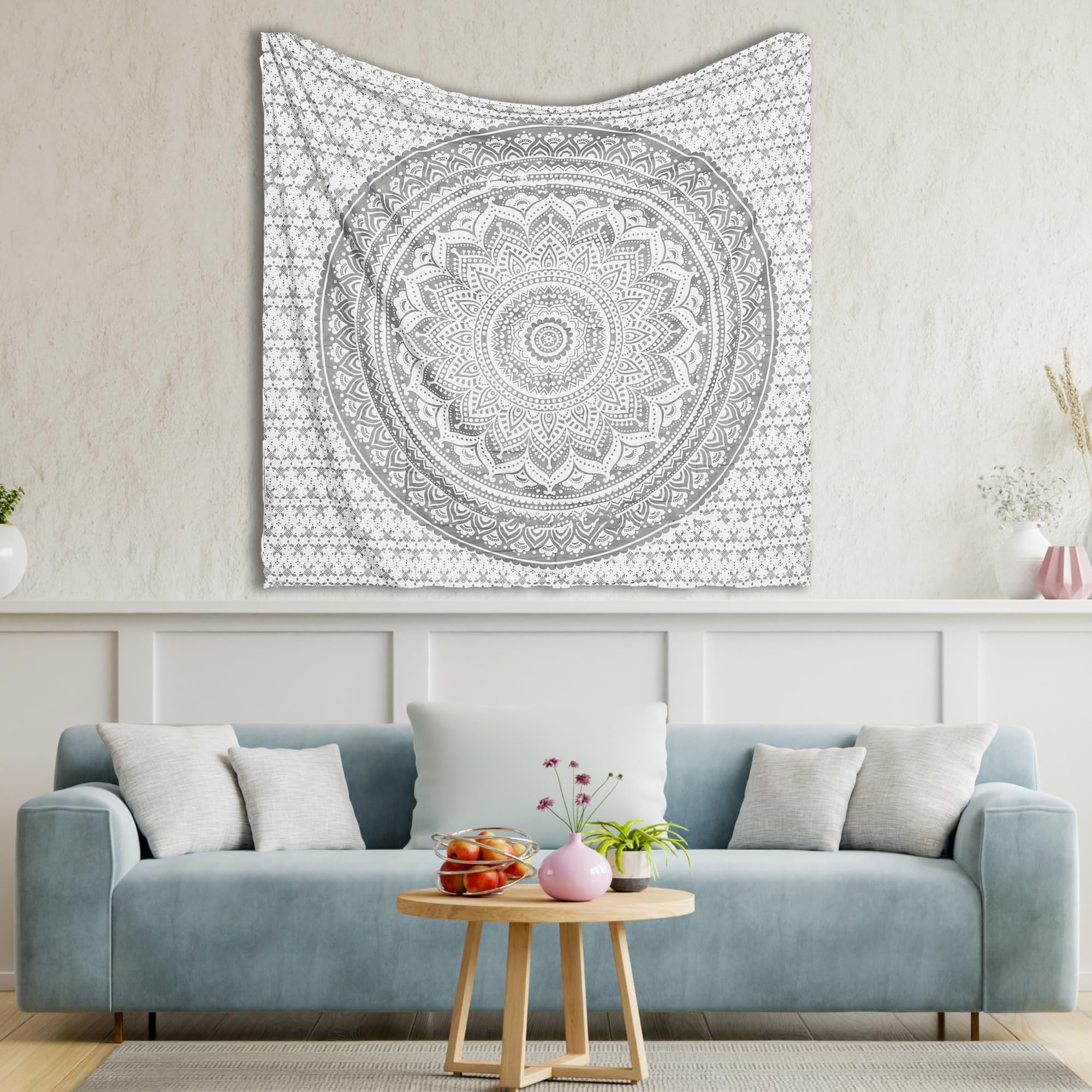 THE ART BOX Argento E Bianco Parete Boho Mandala Piccolo Arazzo - 135x160 cm Indiano Cotone Hippie Parete Manifesto Arredamento Bohemian Psychedelic Arazzi per Soggiorno