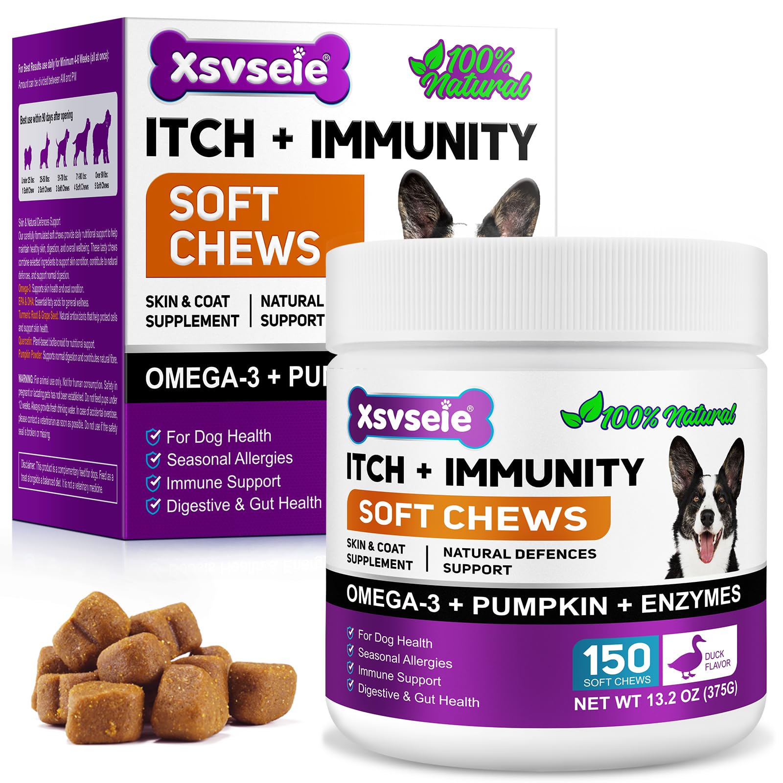 Feeliville Allergie Relief Dog Treats,150 Pezzi Prurito per la Pelle del Cane Che Mastica, Smetti di Prurito, Leccare, Graffiare, Allergie Stagionali, per Tutte Le Razze e Dimensioni di Cani,Anatra