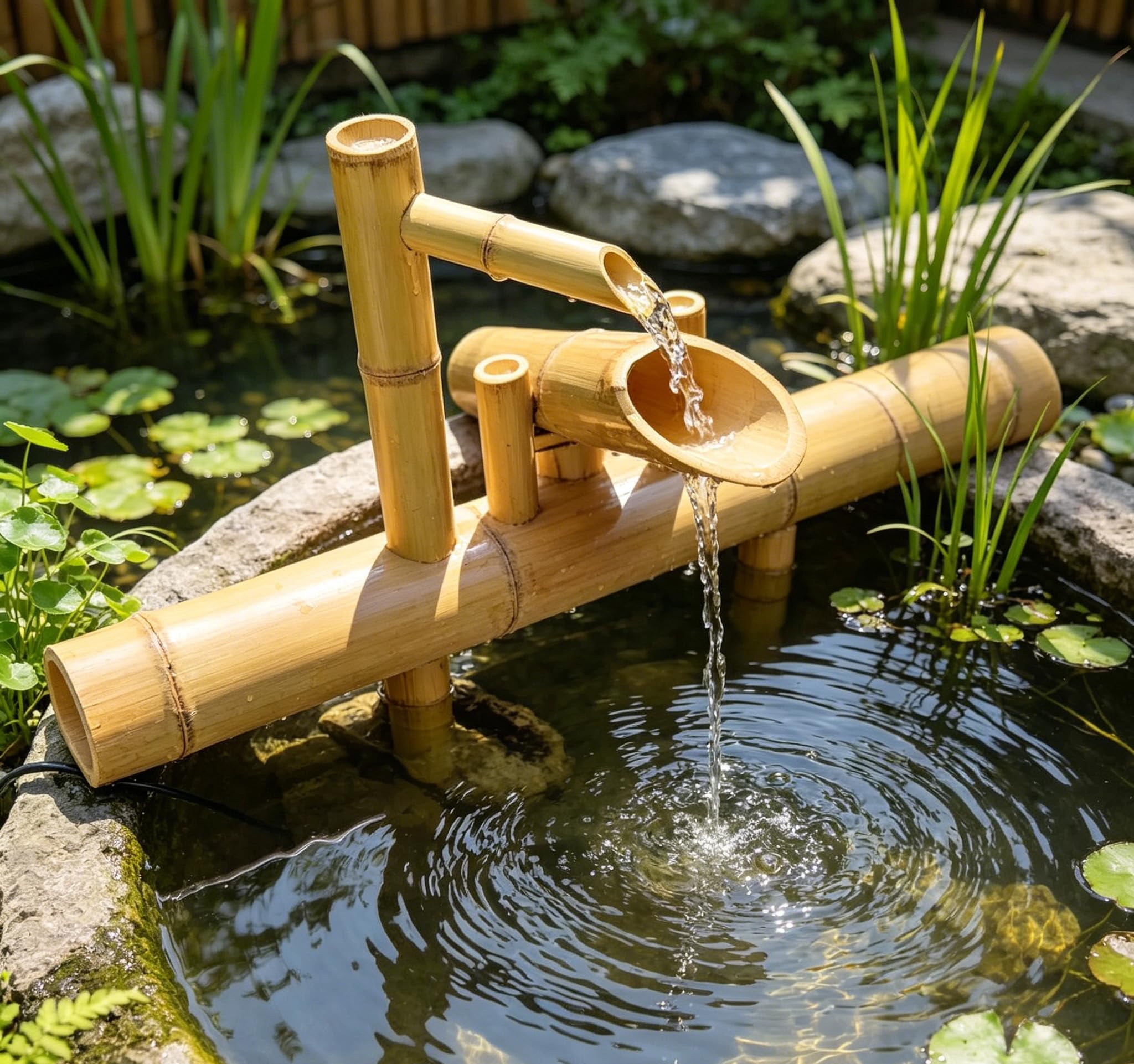 Fontana d'Acqua di bambù ad energia Solare, ugello a Cascata da Giardino Giapponese, Fontana a Cascata Decorativa per Esterni in bambù per Cortile Cortile 100% Fatta a Mano