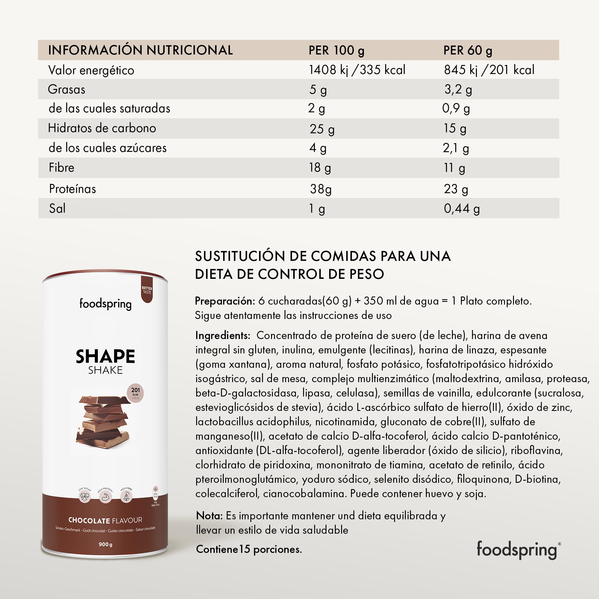 foodspring Shape Shake Chocolate - batido completo, sustitutivo de comida con proteína premium para controlar el peso, 201 kcal por ración, sin gluten - 900g
