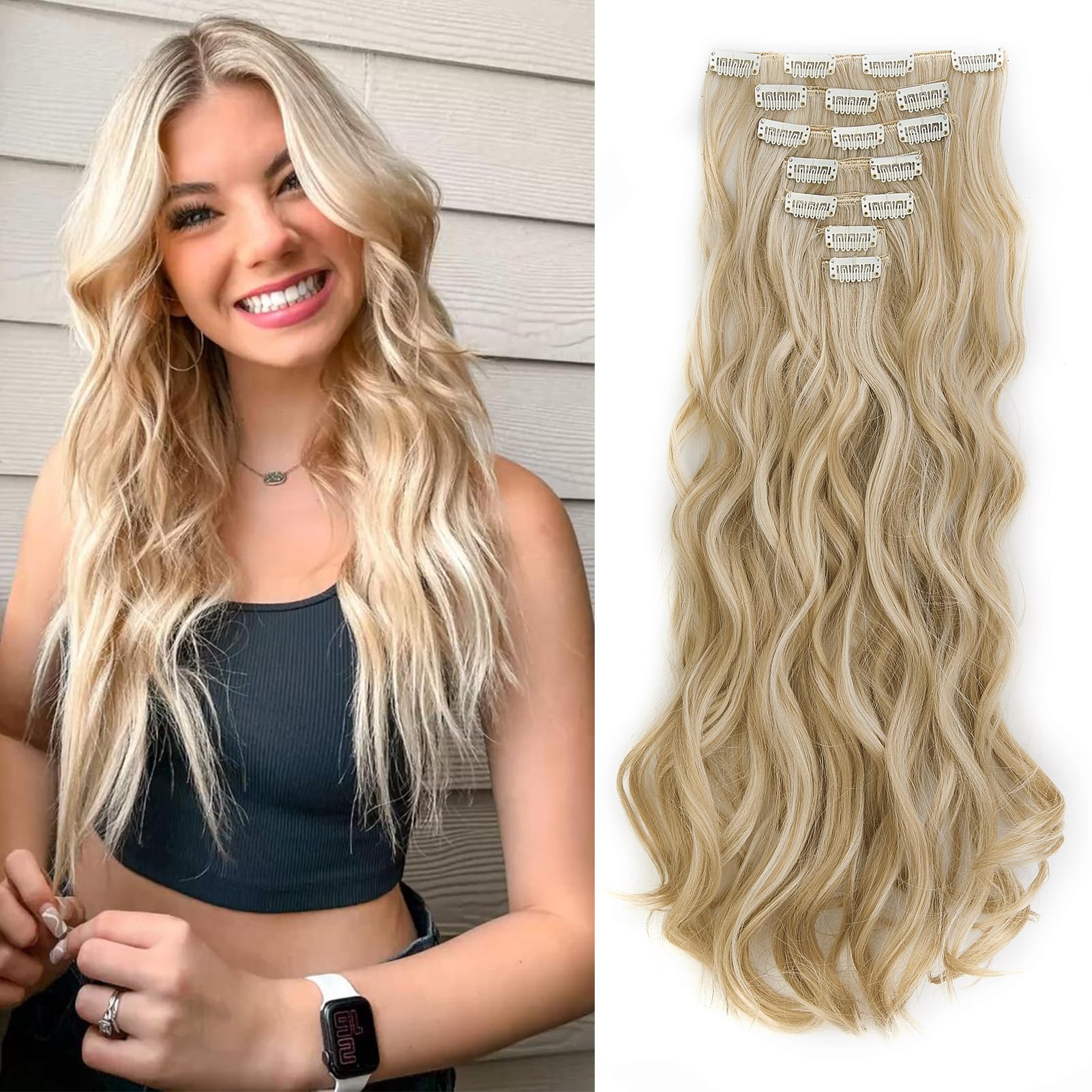 Dcbaboo Extensiones de Clip de Pelo Rizado 7PCS 50cm Extensiones Pelo Sintetico Clip Postizos de Pelo Ondulado Extensiones de Cabello Largo con Clip para Mujeres 130g, Rubio arenoso & rubia